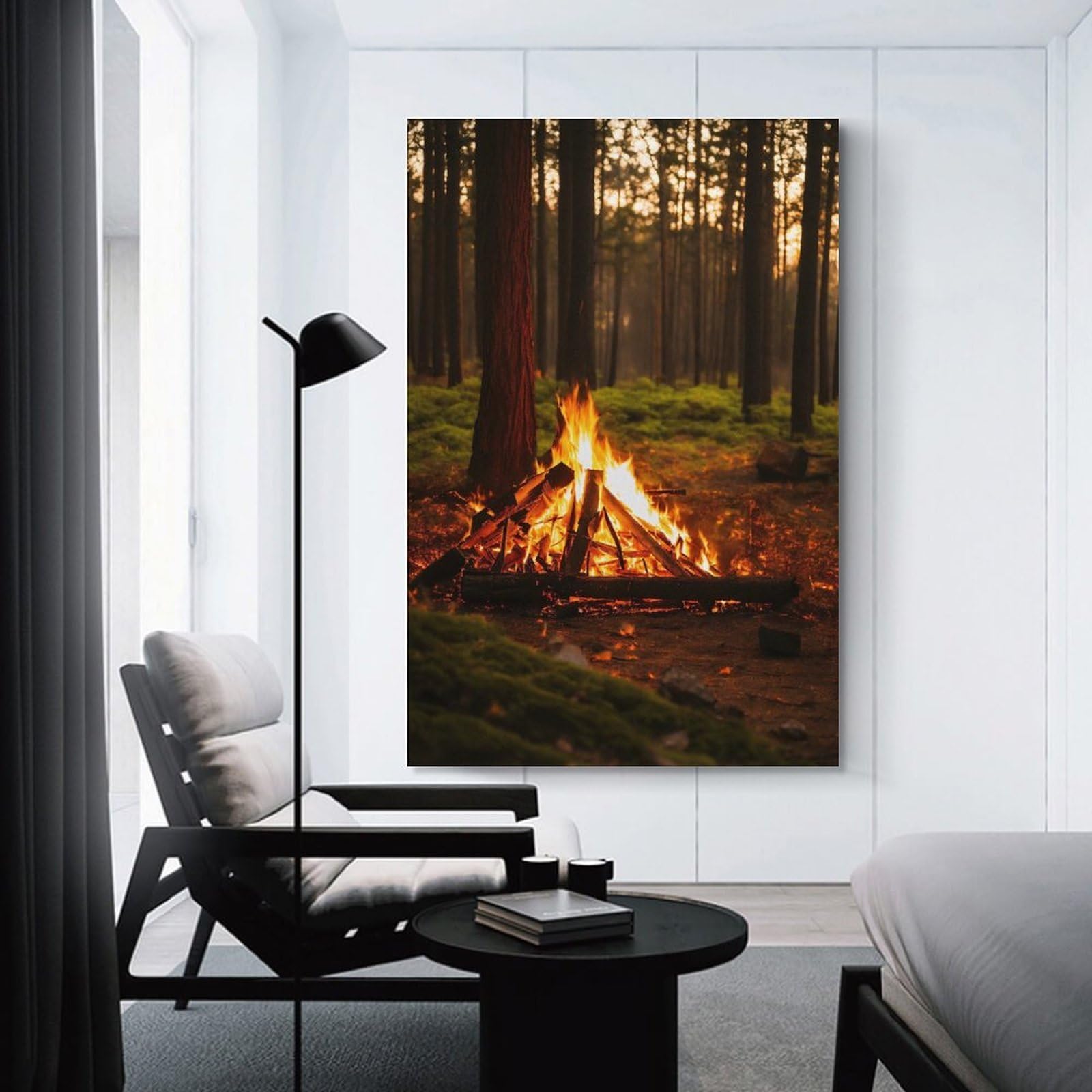 Junmoney Hanging Wall Art Campfire in The Woods at Night, 08x12inch(20x30cm), for Wall Displays, Bedrooms Or Room Updates, Decorative Artwork with Flexible Styling