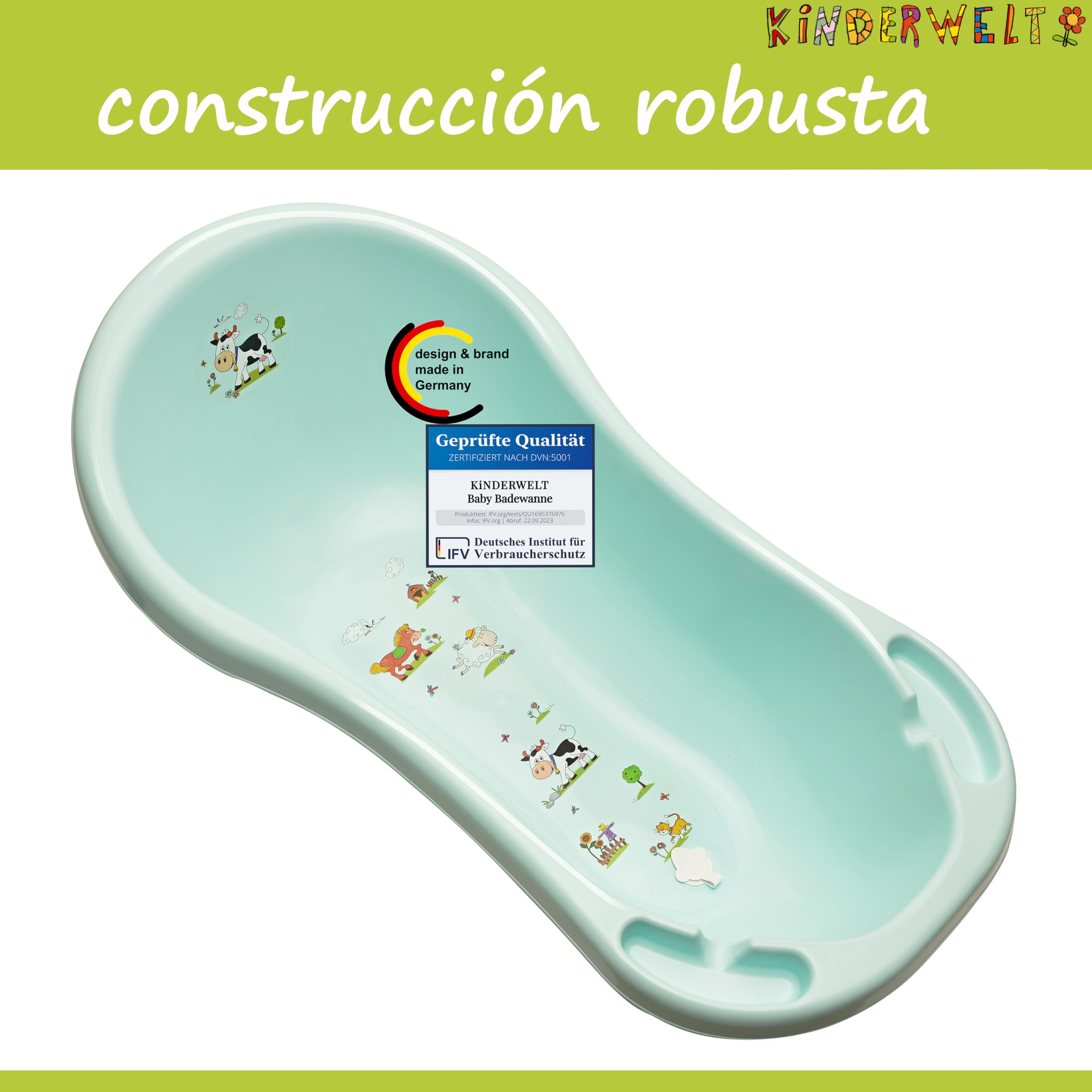 KiNDERWELT Bañera de bebé 100 cm - Bañera para bebé con motivo Funny Farm - Libre de BPA - Bañera para bañar a bebés y recién nacidos - aqua