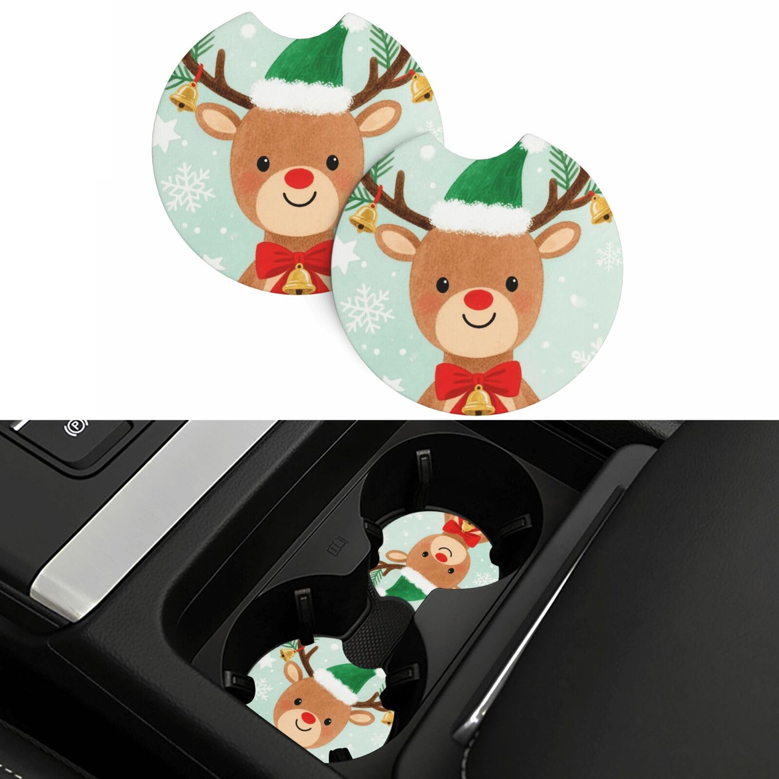2 Pack Car Coasters,2.7" Universal Car Cup Holder Coasters Non-Slip Neoprene Cup Pad Mat Coaster Car Interior Accessories for Women Men Christmas Deer