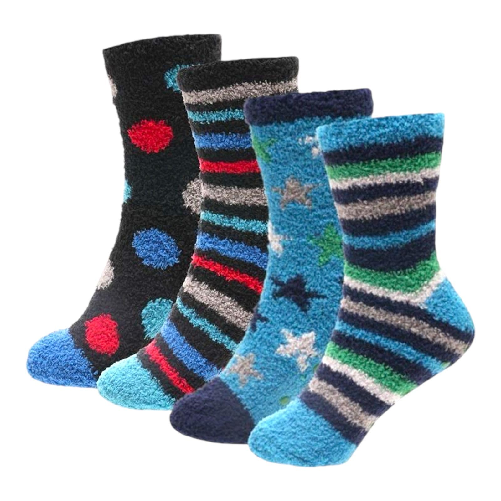GM Apparel Lot de 4 paires de chaussettes moelleuses pour garçons - Antidérapantes - Chaussettes de lit - Super douces et pelucheuses - Thermiques confortables - Motif étoiles