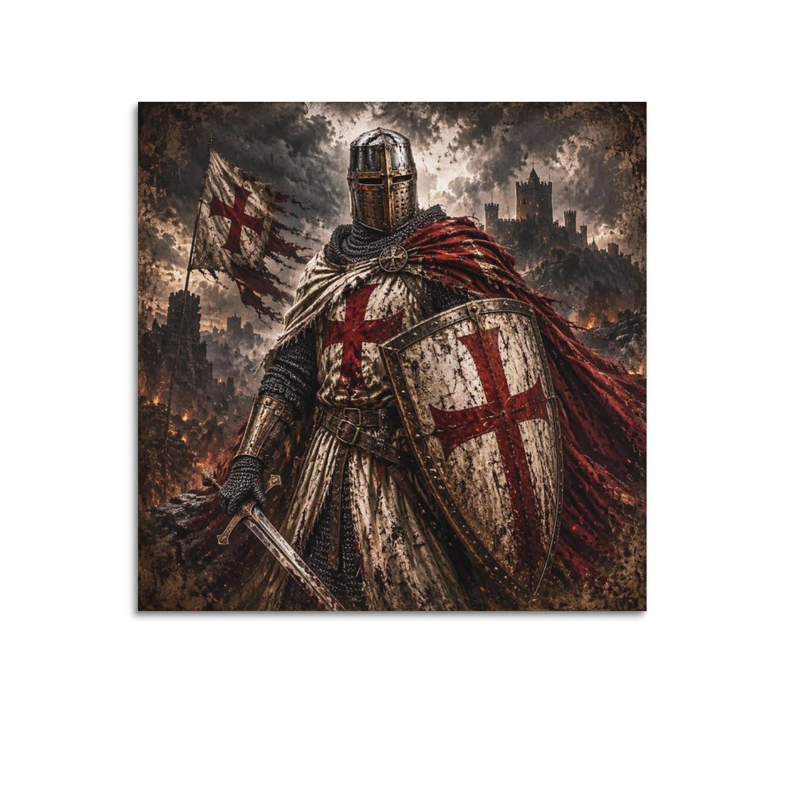 XKUGA Vintage Storm Castle Templar Knight Gothic Poster Cross Armor Modern Decorative Canvas Prints - Ideal Wall Art for Family, Man Cave, Game Room, Boys & Girls Bedroom 12x12inch(30x30cm)