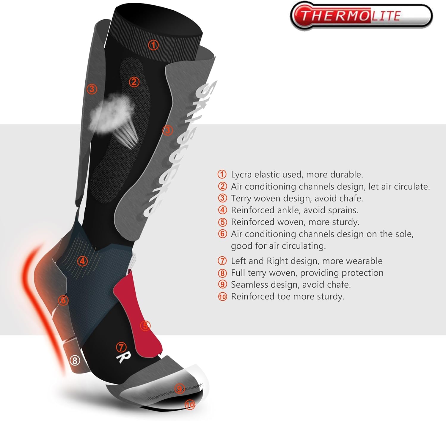 2 Pairs Ski Socks Thermolite Winter Thermal Snow Snowboard Hiking Over the Calf Long Socks - Image 2