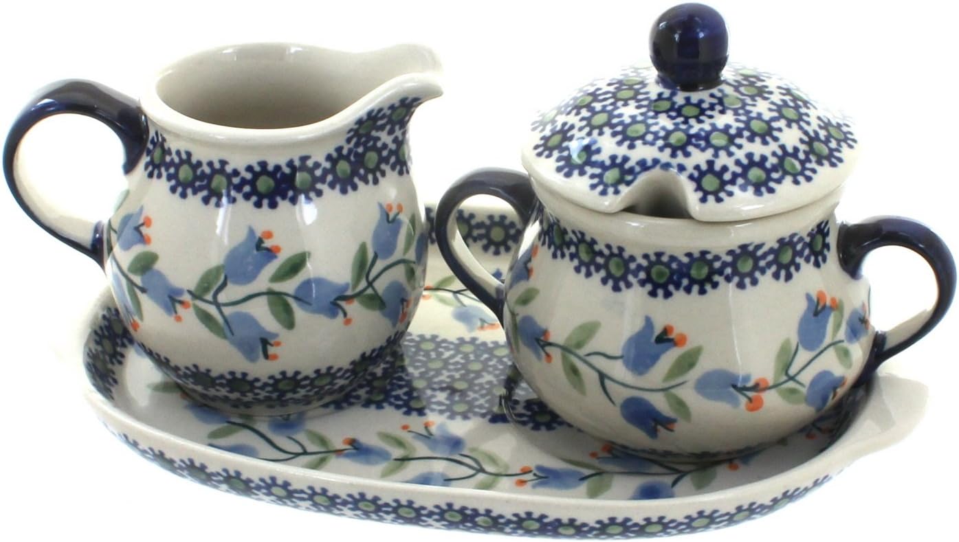 Blue Rose Polish Pottery - Yellow Blue Butterfly Sugar & Creamer Set - 6 oz Creamer - Hand-Painted Polish Pottery Ceramic Creamer & Sugar Bowl with Lid