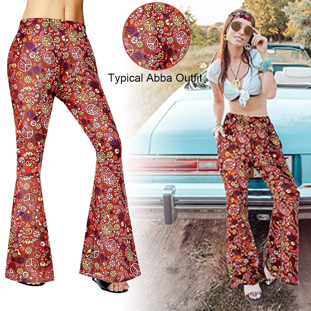 Hippie Kostüm Damen Set – Schlaghose, Peace-Kette, Ohrringe, Stirnband & Sonnenbrille (60er/70er Style)