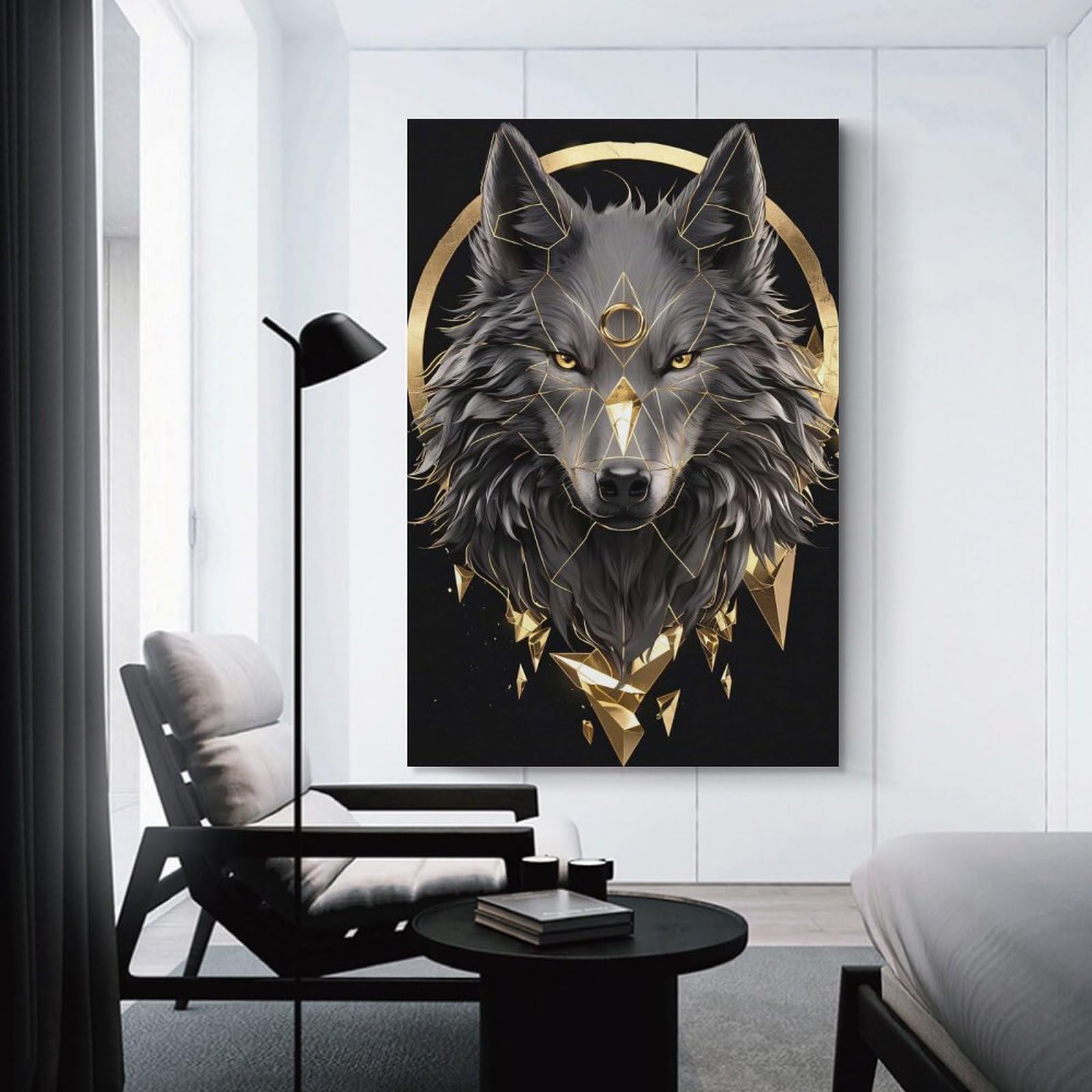 Junmoney Wall Picture Print Geometric Wolf with Gold Accents, 24x36inch(60x90cm), for Hallway, Bedroom Or Modern Interiors, Thoughtful Wall Decor for Art Lovers