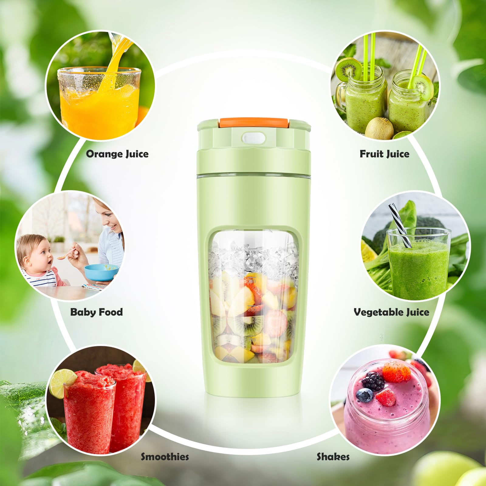 Lekki Przenośny Blender, ręczny mikser do owoców o pojemności 600 ml, mocny bezprzewodowy mini blender, z możliwością ładowania, smoothie, koktajle białkowe, kruszy lód i mrożone owoce (Zielony)