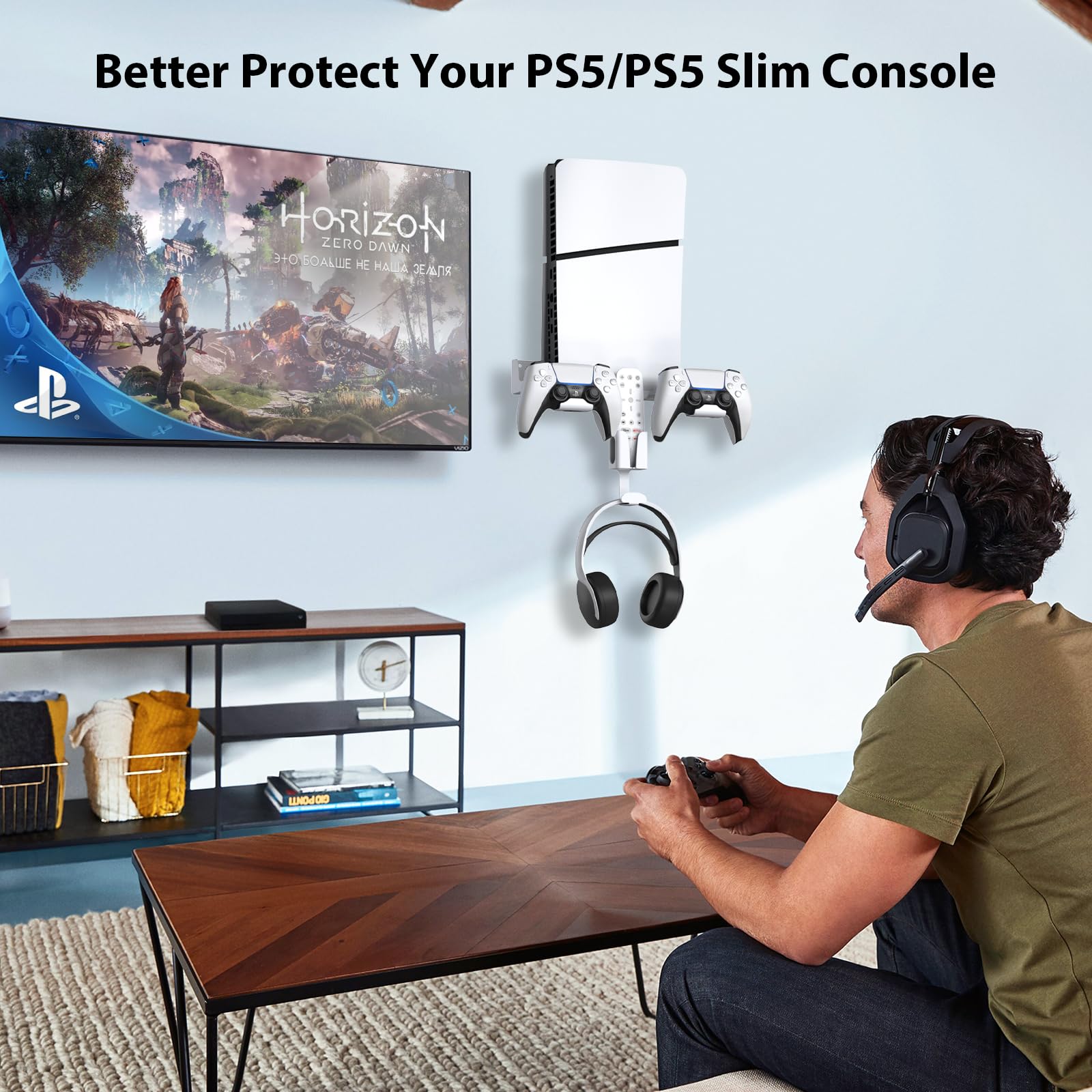 Support Mural PS5/PS5 Slim, 5 en 1 Support Mural Compatible avec PS5/PS5 Slim (Disque et numérique) Acier Support Mural Playstation 5 avec Support de contrôleur détachable Support pour Casque