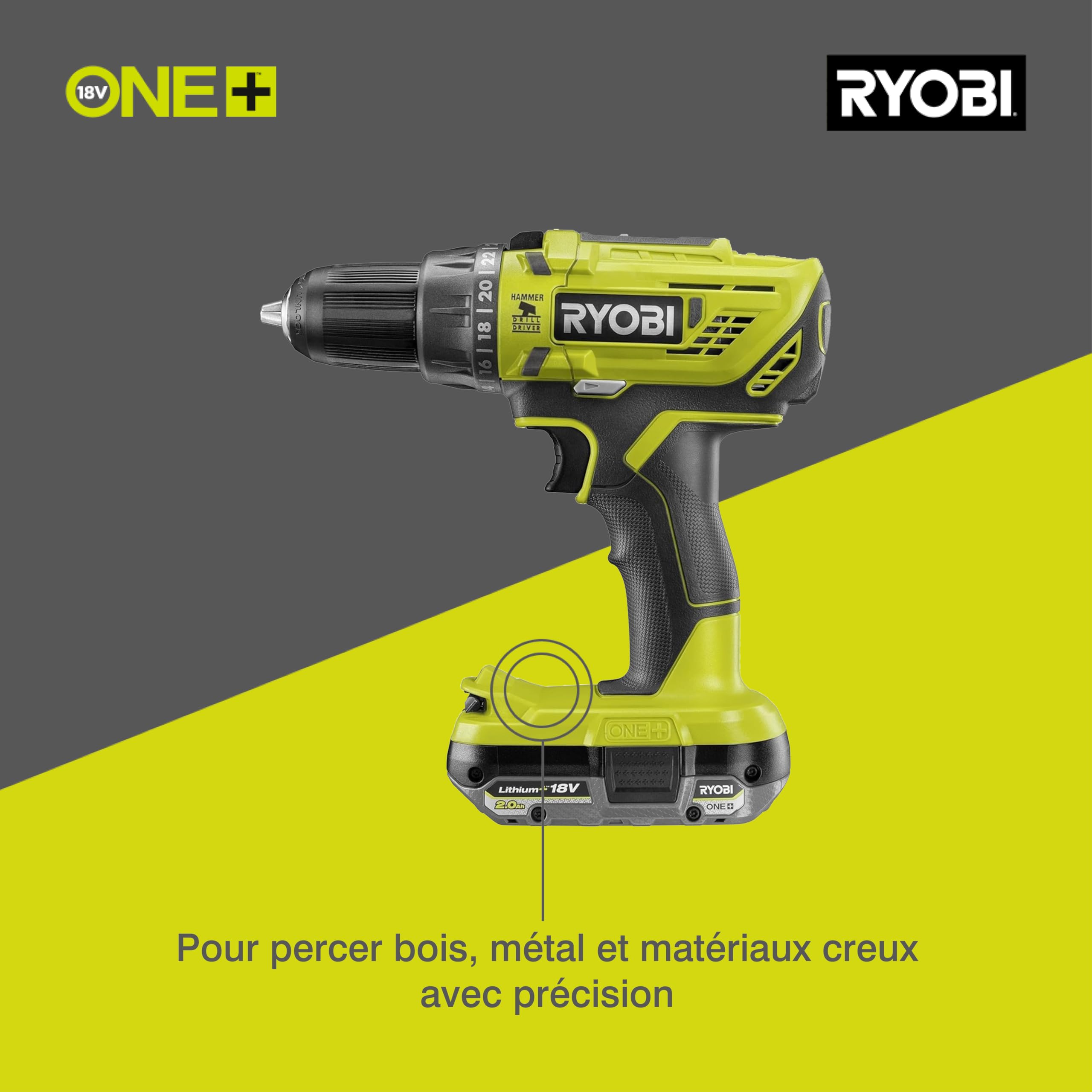 RYOBI - Perceuse-visseuse à percussion 18V - 2 vitesses - 50 Nm - 500-1 800 tr/min - réglage de couple 24 positions - mandrin 13 mm livrée avec 1 batterie 2Ah et son chargeur - R18PD32-1C20G
