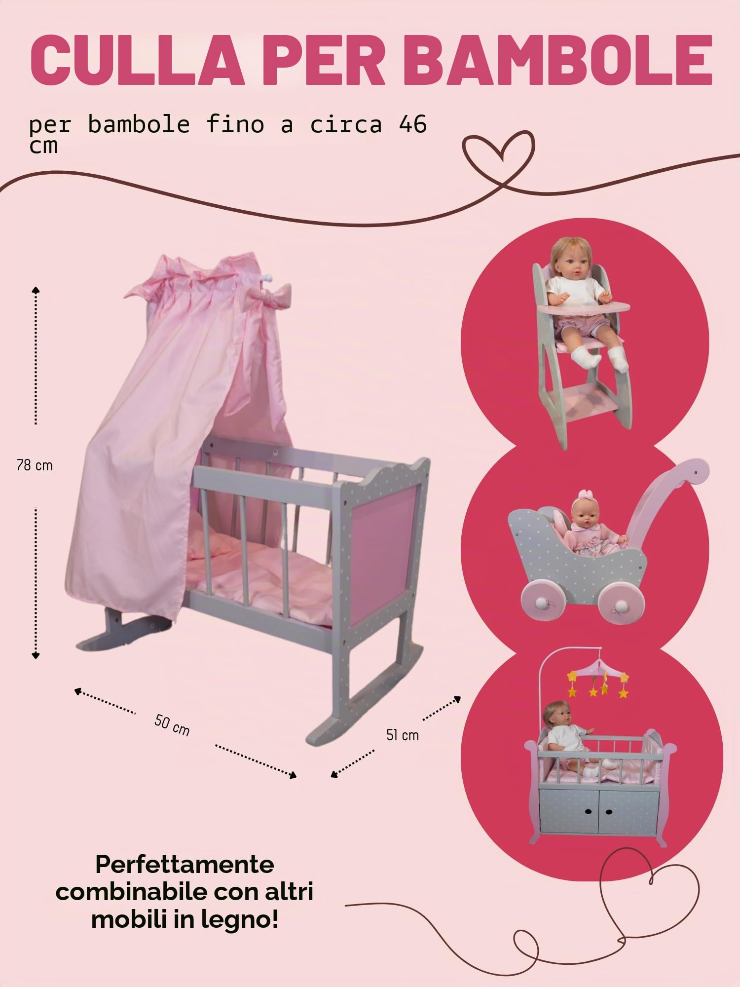 Bayer Chic 2000 - Culla per bambole, culla per bambole, letto delle bambole, mobili per bambole, accessori per bambole, Puntos grigio