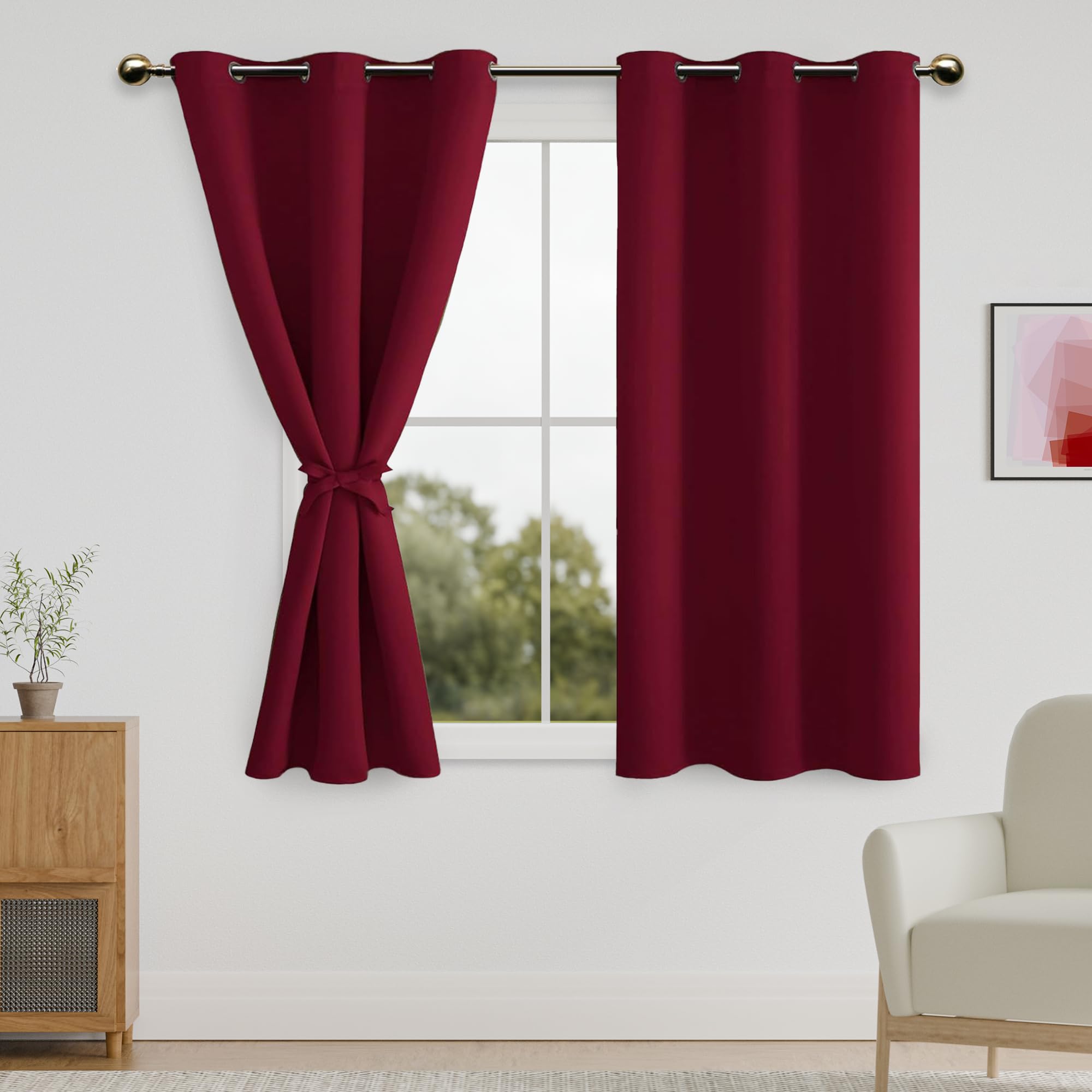 DWCN Christmas Blackout Curtains with Tiebacks - Thermal Insulated Privacy Protection Grommet Window Curtains for Living Room Bedroom, 42 x 45 inch Length, Burgundy, Set of 2 Panels — image 1