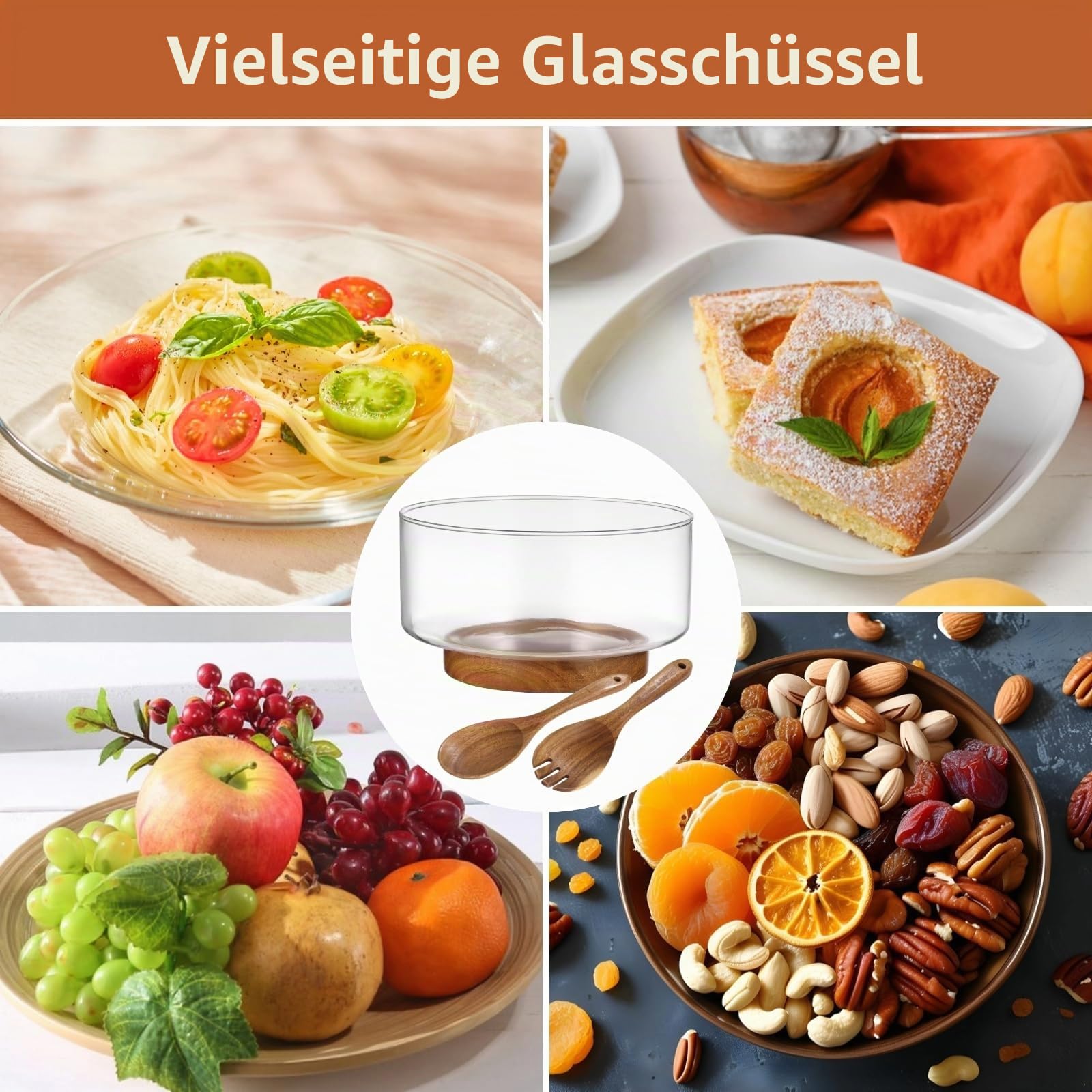 Salatschüssel aus Glas mit Holzboden und Servierutensilien, große Servierschale für Partys, Obst, Snacks und mehr