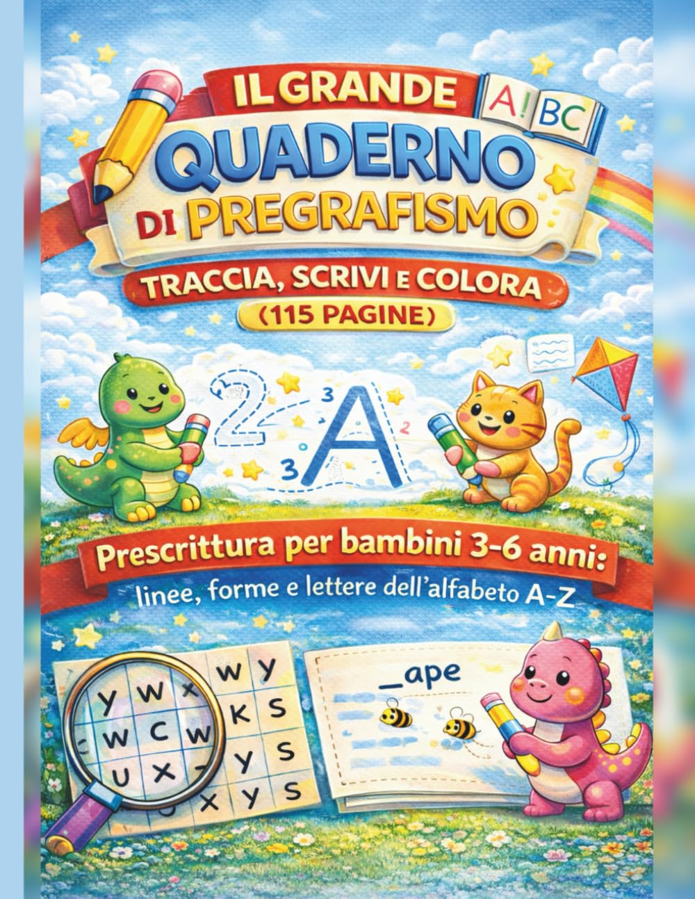 Il Grande Quaderno di Pregrafismo: Traccia, Scrivi e Colora (115 Pagine): Prescrittura per bambini 3-6 anni: linee, forme e lettere dell’alfabeto A–Z ... disegni da colorare – Formato grande 8.5”x11”