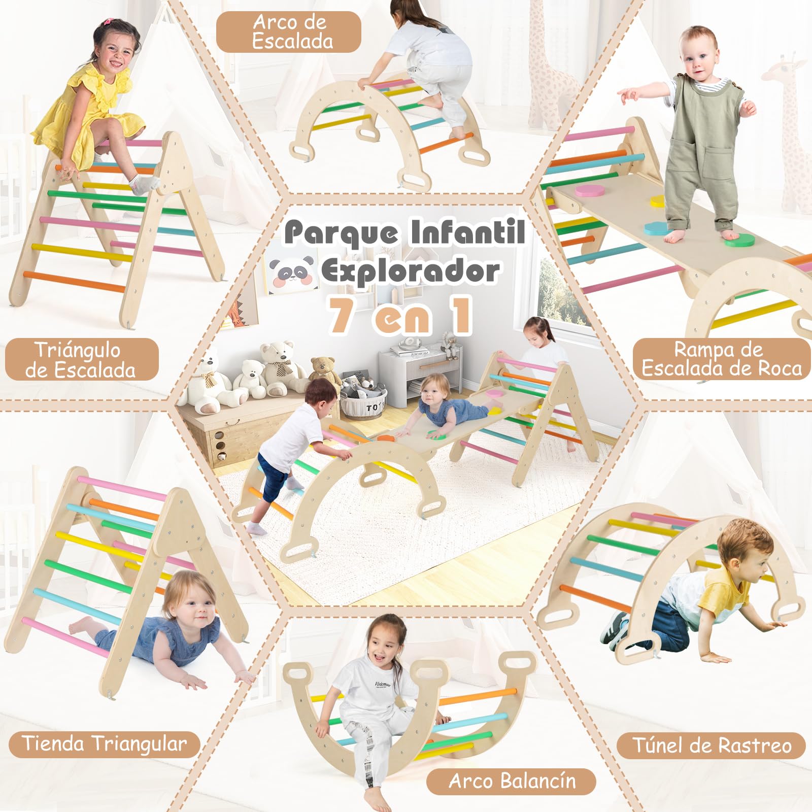 COSTWAY 7 en 1 Triángulo de Escalada de Madera para Niños, Juego de Escalada con Triángulo, Arco, Rampa para Deslizarse o Escalar, Set de Escalada Montessori para Niños 1+ Año (Multicolor)