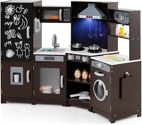 GLACER Cocina de madera de esquina para niños, juego de cocina grande con sonido, luz, pizarra, microondas, máquina de hielo, lavadora, accesorios,