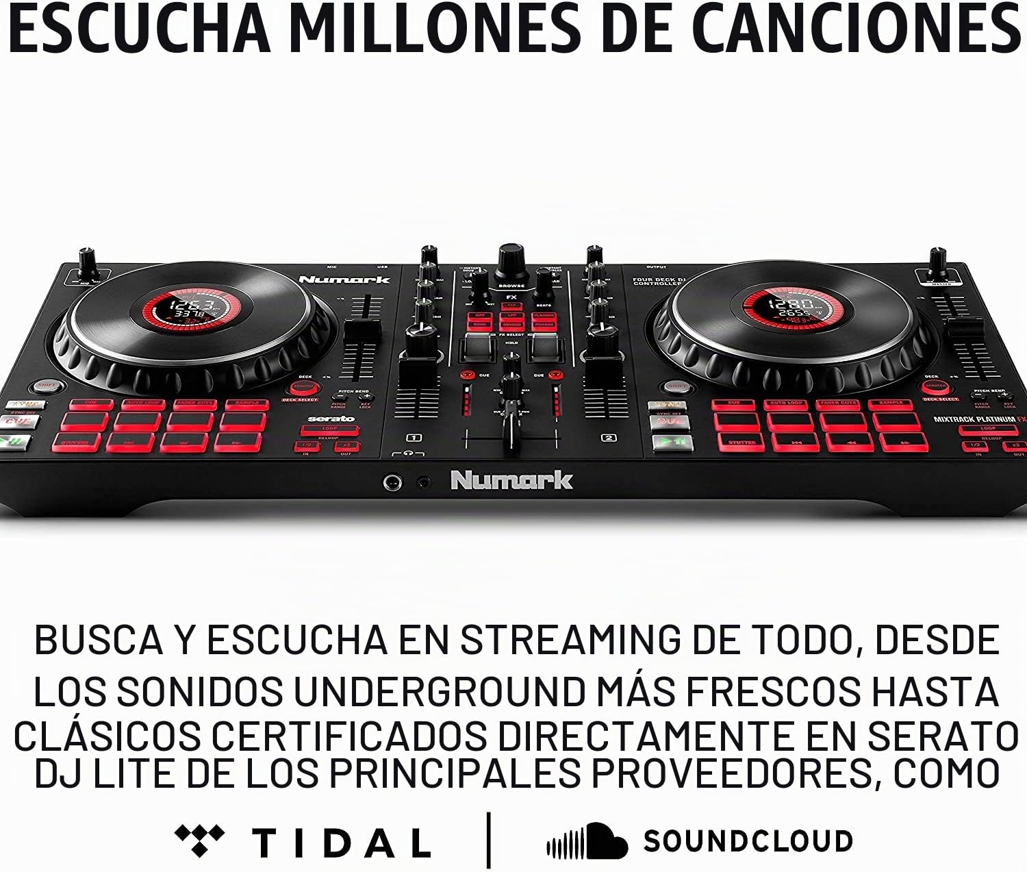 Numark Mixtrack Platinum FX + HF125 – Controlador DJ de 4 secciones para Serato DJ con mezclador DJ e interfaz de audio + Auriculares de DJ Profesionales
