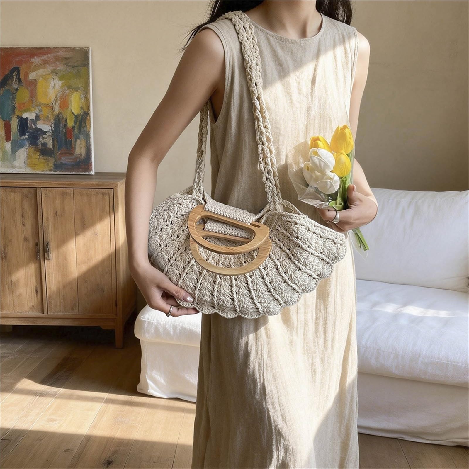 bolso mujer verano Bolso tejido de paja verano for mujer, bolso mano con asa superior madera, bandolera Retro bohemia