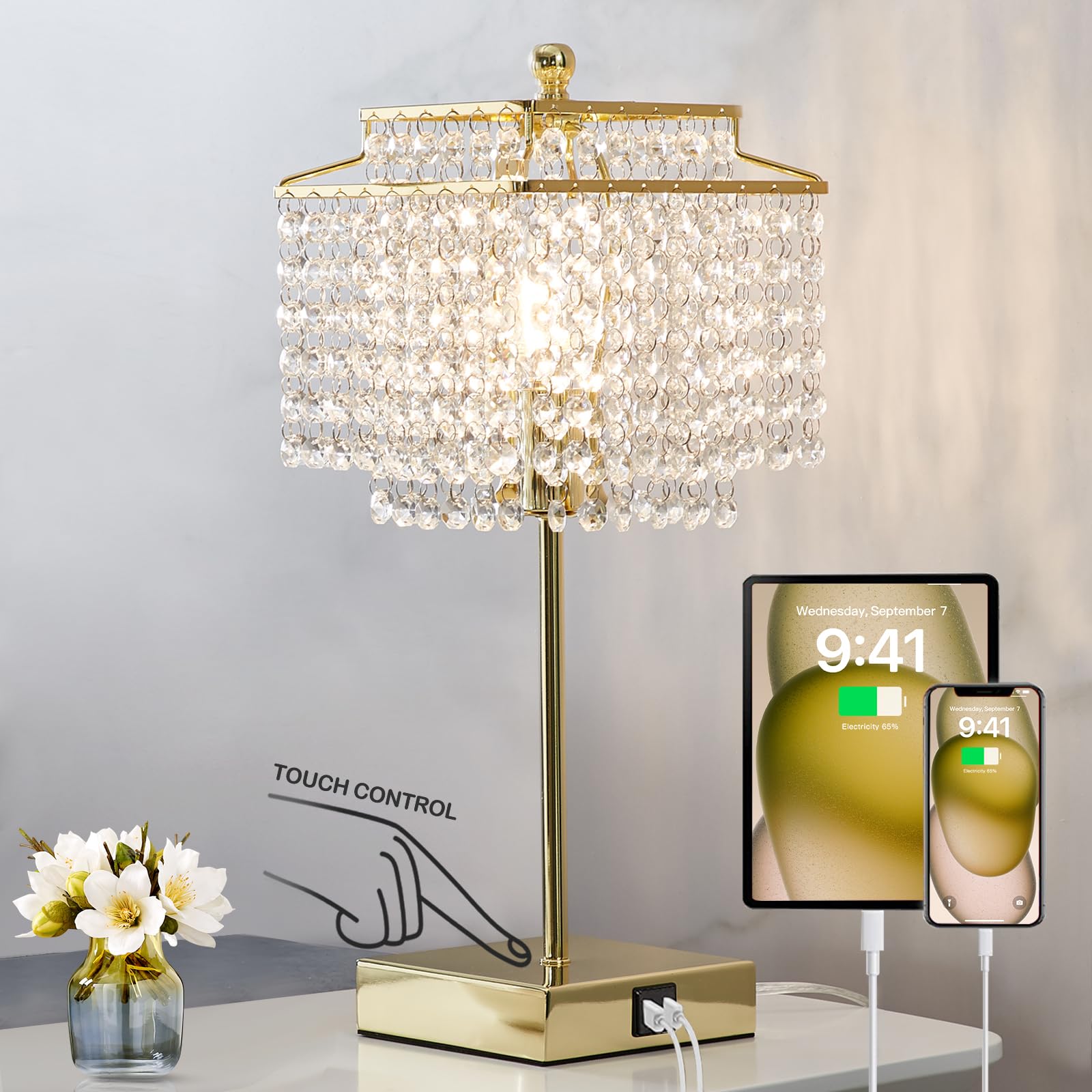 GyroVu Lámpara de Mesa de Cristal, Lámpara Táctil con Puertos USB C+A, Lámpara de Noche Regulable para Mesilla de Noche, Dormitorio, Salón, Bombilla Incluida (Dorado)