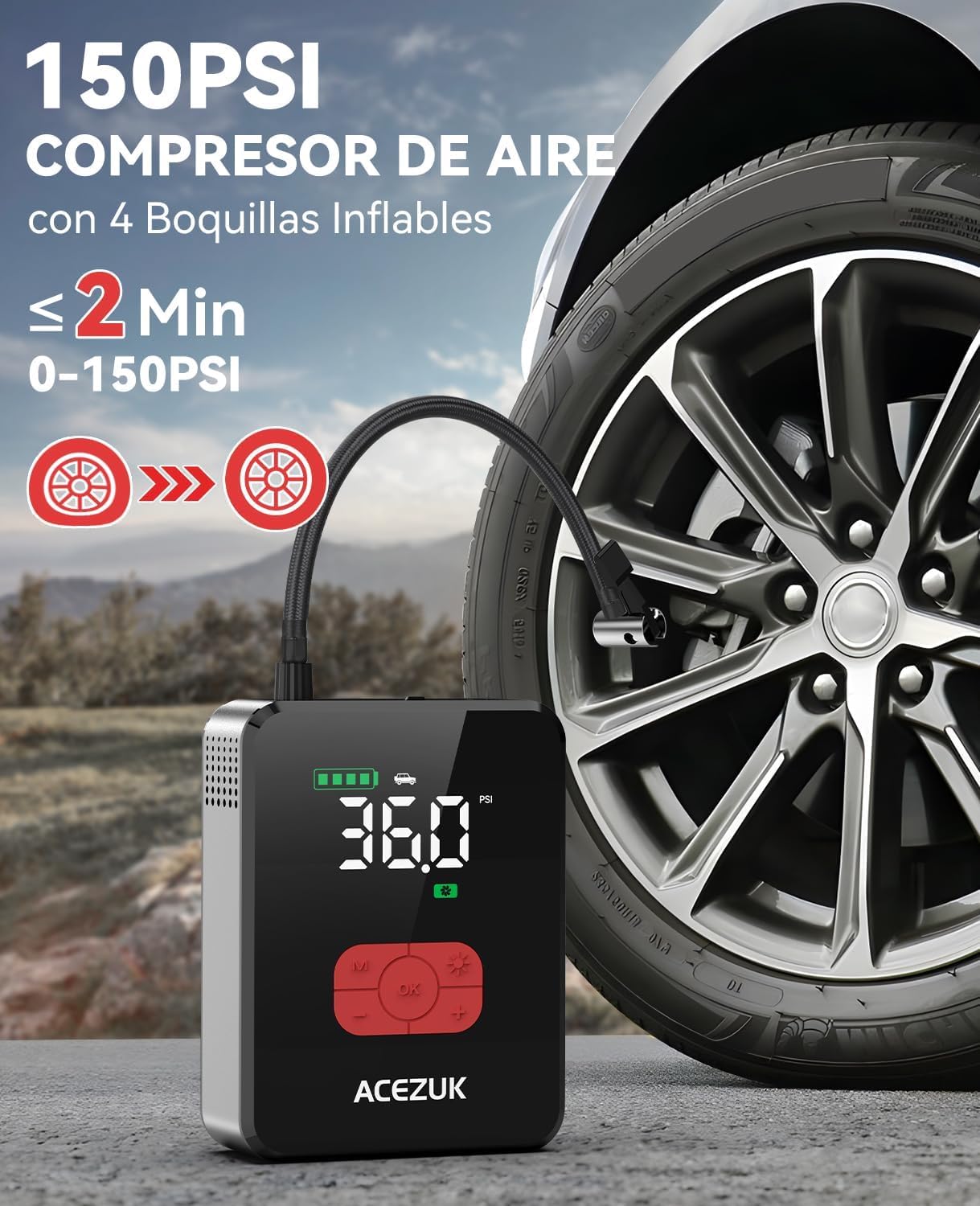 ACEZUK 7000A Arrancador de Baterias de Coche con 150PSI Compresor de Aire, Arrancador Coche Portatil con Inflador(Todo Gas o 12.0L Diésel), 12V Jump Starter, Pantalla Grande LCD, 600 Lúmenes LED