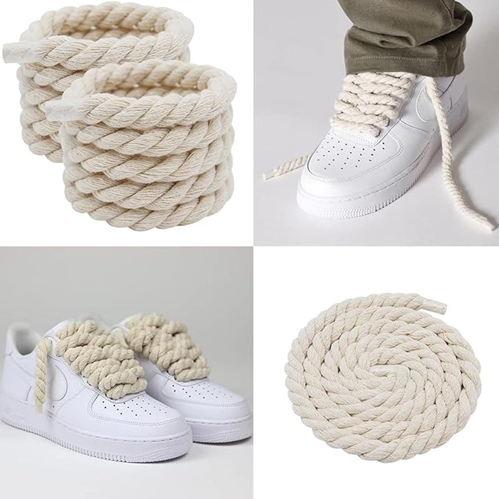 Rope Laces, 2 pary szerokich, okrągłych sznurowadeł sznurowanych do butów sportowych - 2 pary wysokiej jakości okrągłych sznurowadeł z bawełny - biały i beżowy - 160 cm, biały beżowy, 150