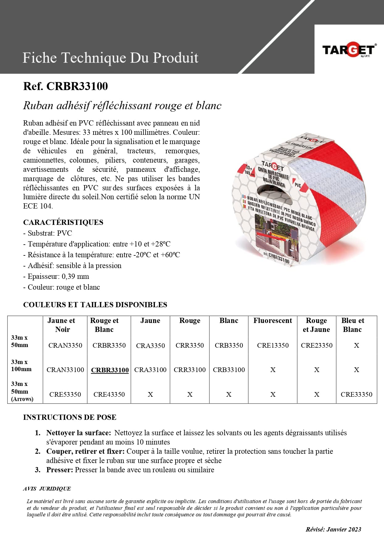 TARGET CRBR33100 - Cinta Reflectante - Adhesiva - 33 m x 100 mm - Advertencia - Señalización - Marcaje - Extra Ancha - Peligro - Seguridad - Roja y Blanca