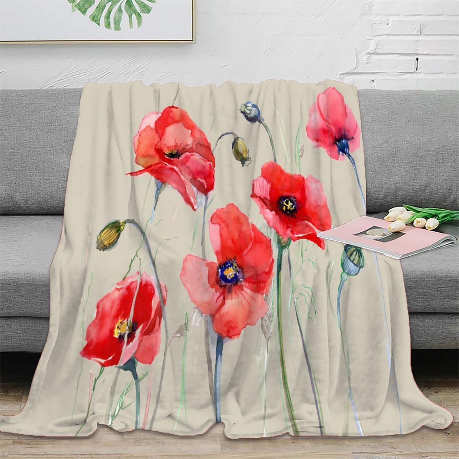 Couverture microfibre 3D red poppies plaid toutes saisons 150x200