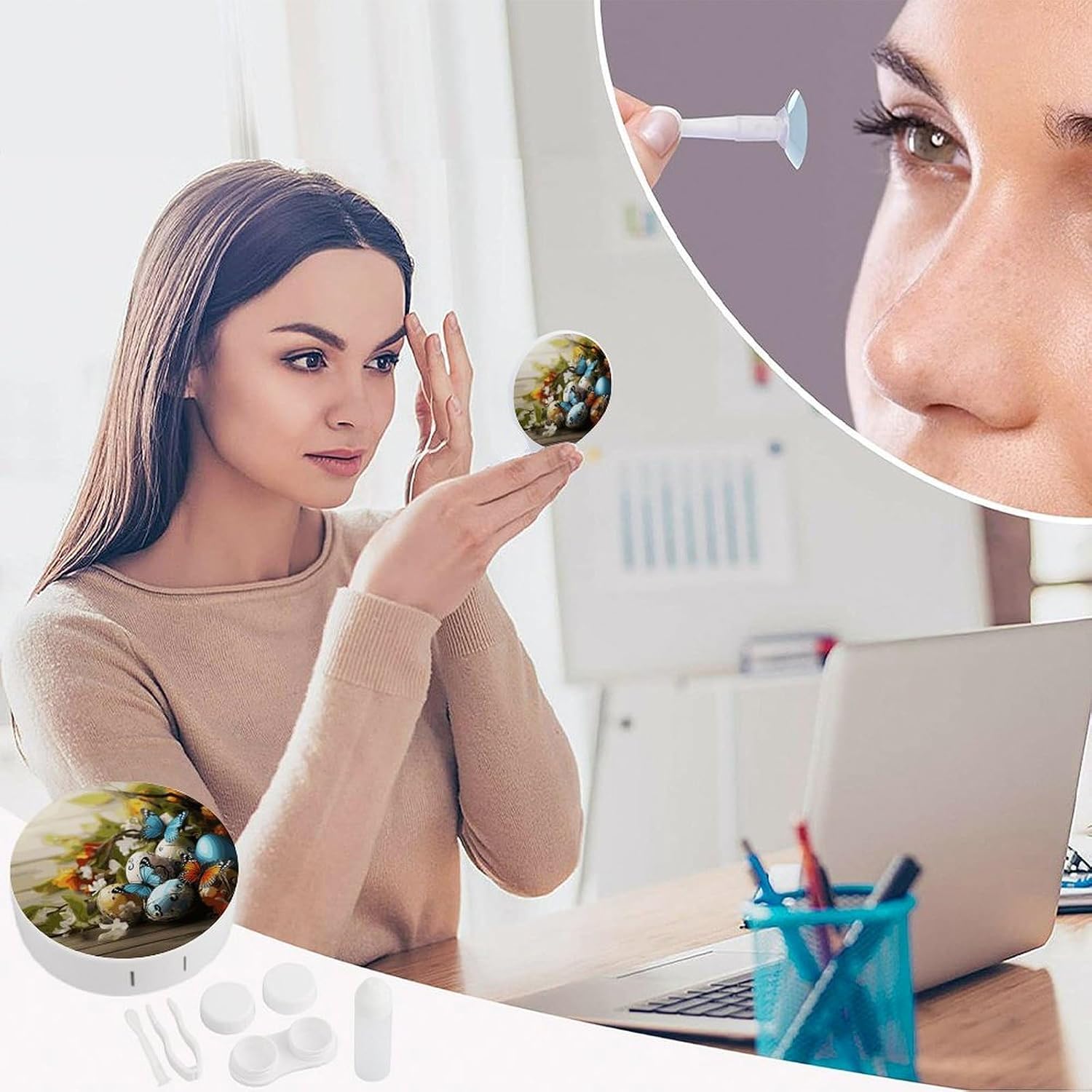 Easter Eggs with Butterfly Contact Lens Case with Cleaner Washer Cute Contact Lens Soak Storage Holder Container with Mirror Mini Portable Contact Lens Box Set for Travel Outdoor Use