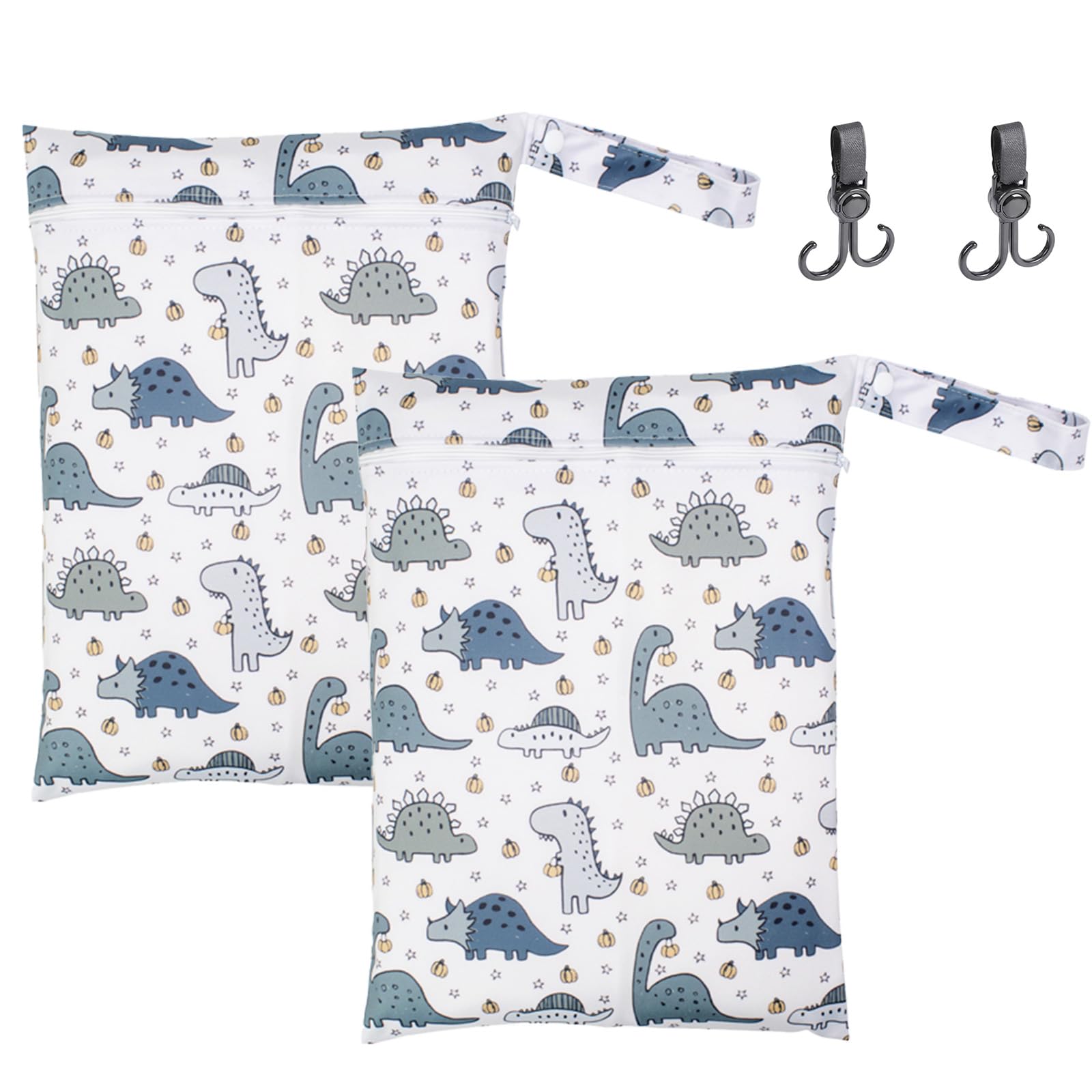 VEGCOO 2 Pcs Dinosaur Pattern Nappy Bags, Waterproof Wet Dry Bag Reusable Washable Cloth Diaper Swim Nappy