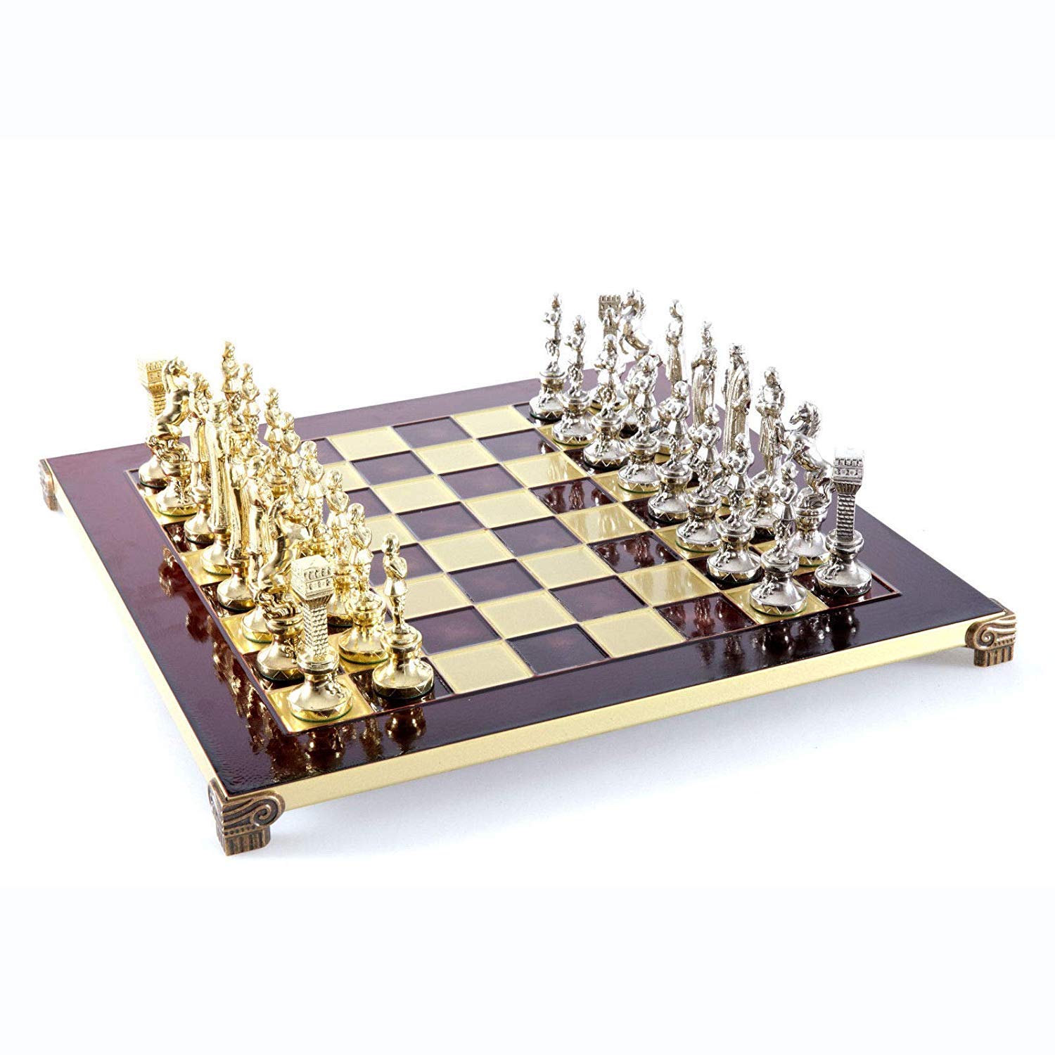 Manopoulos Renaissance Chess Set - Brass&Nickel - Red Chess Board