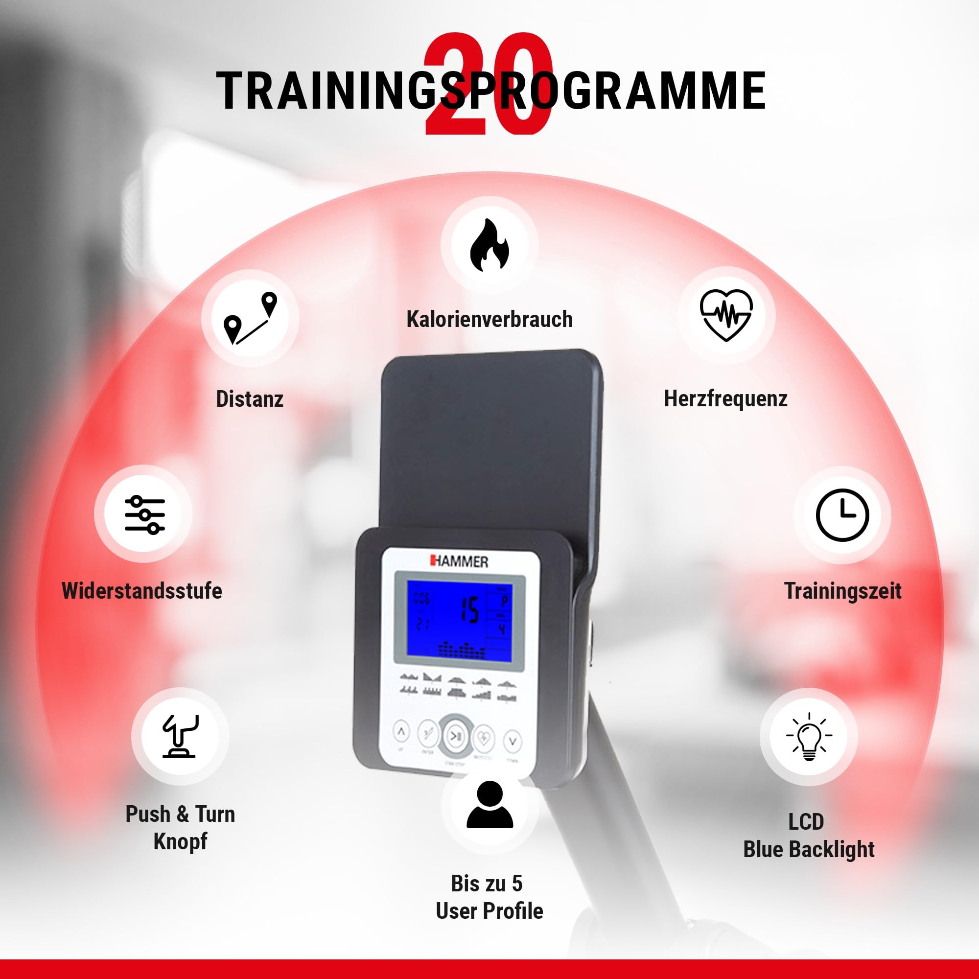 HAMMER Rudergerät Cobra XTR Plus II – Klappbare Rudermaschine mit innovativem Trainingscomputer, Rudergerät für zuhause bis 130kg, 20 Trainingsprogramme mit 4 Herzfrequenz-Programme
