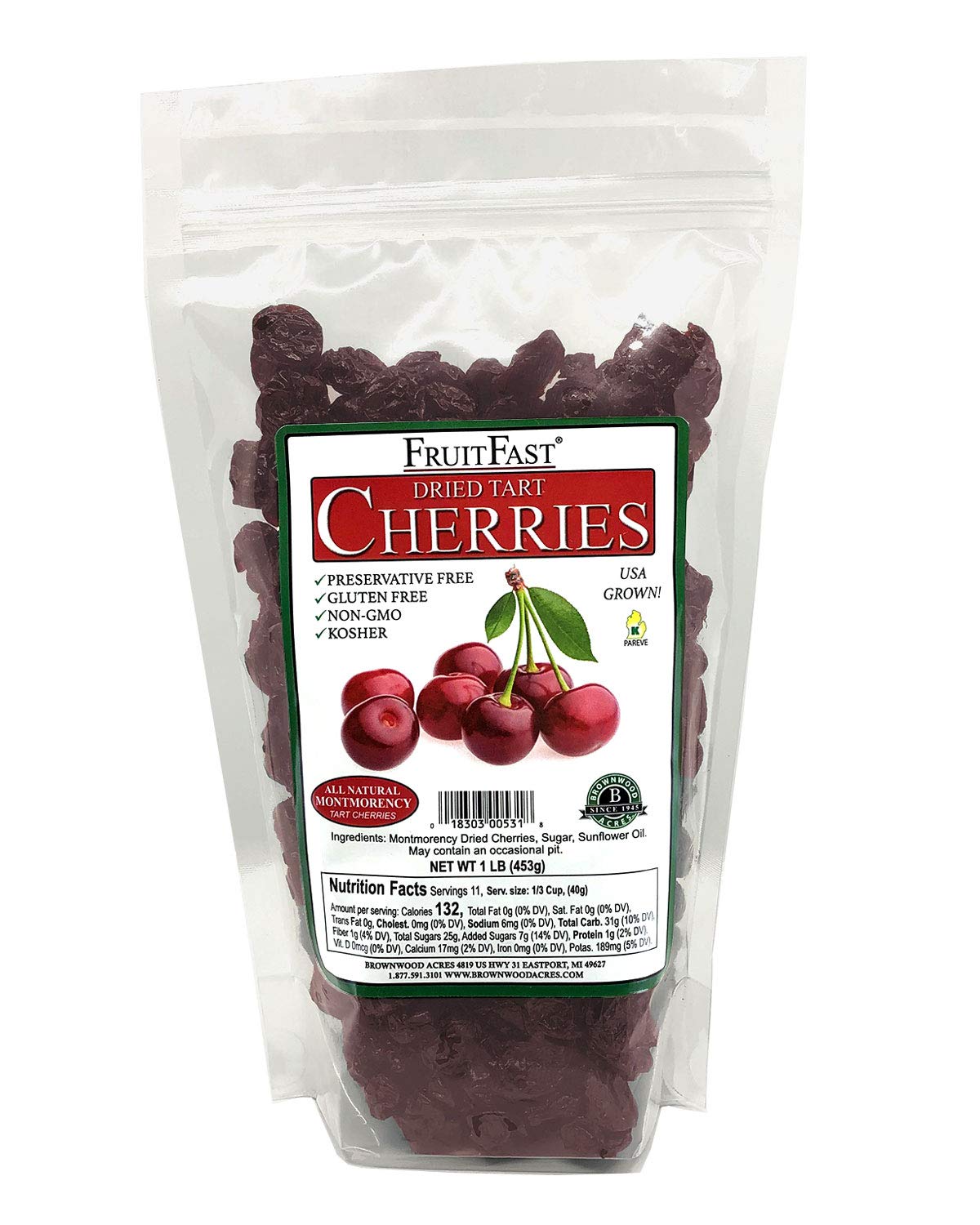 Premium Michigan Montmorency Dried Cherries by Brownwood Acres - Slightly Sweetened - Non-GMO, Gluten Free, Kosher Certified All Natural Healthy Snack