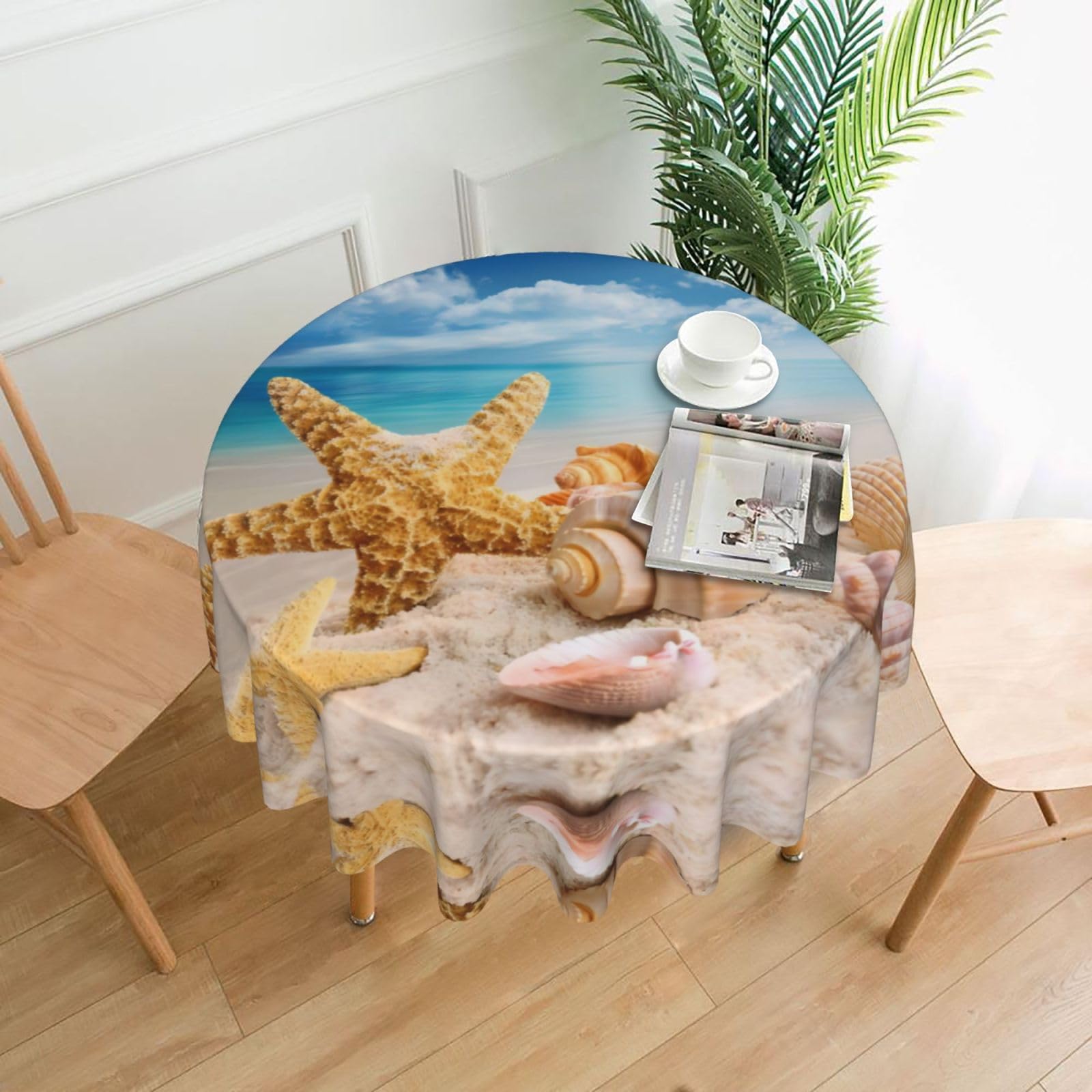 WHJSSF Starfish Seashell Ocean Beach Prints Round Decorative Table Throw 60 Inch – Waterproof Table Cover for Dining, Coffee Tables, and Outdoor Events