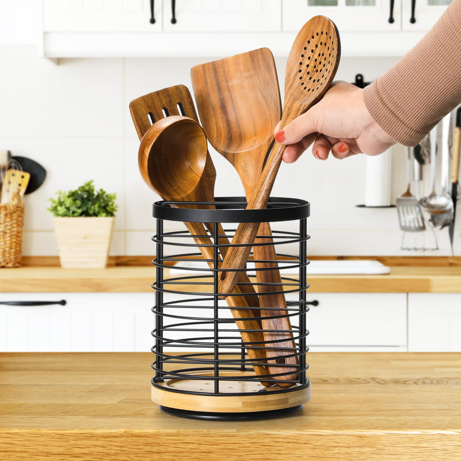 360° Rotating Utensil holder for Kitchen Counter 5.9 x 5.9 x 7.8 Large Round Utensils Holder with Wooden Base Matte Black Cooking Utensil Holder?Kitchen countertop Utensil Organizer