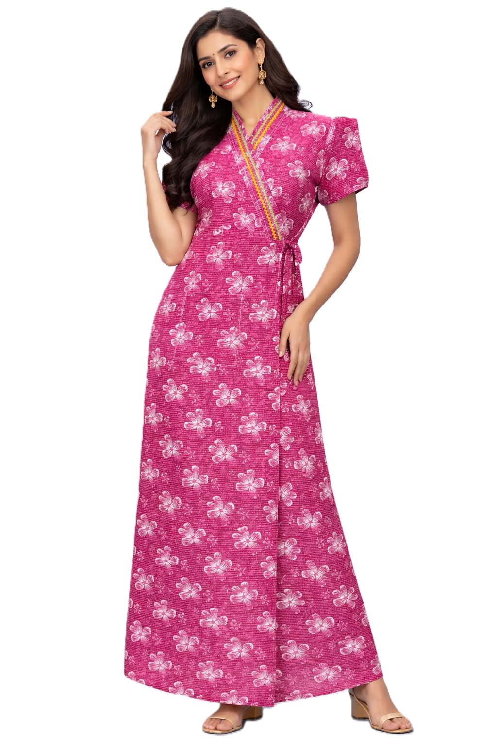 Women's Floral Print Wrap Cotton Housecoat, V-Neck, Puff Sleeves, Full Length, Casual Wear, with one pocket-picture-51