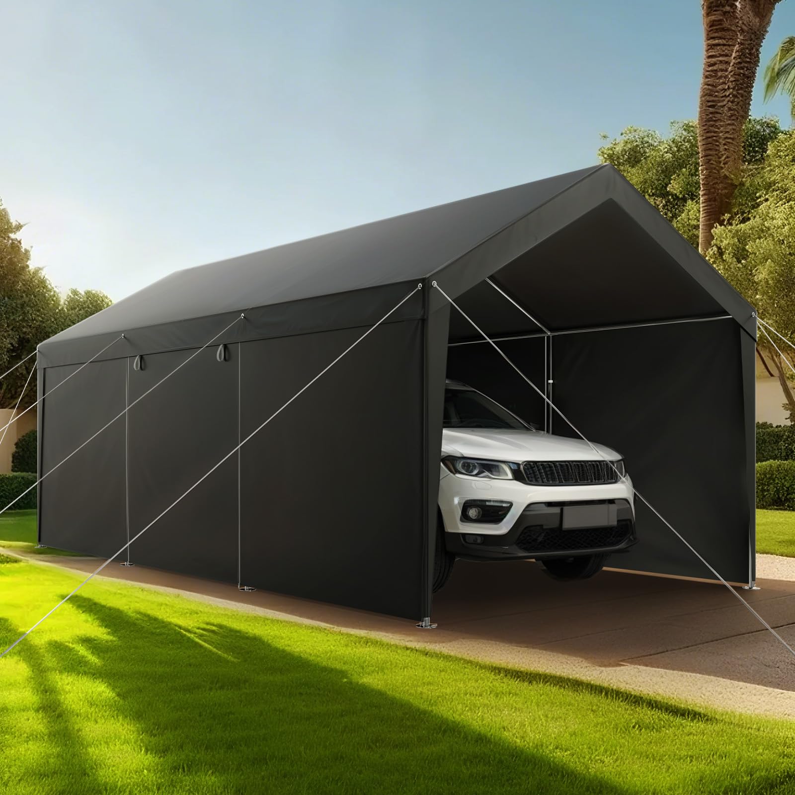 VEVOR Cochera 3,05 x 6,09 x 2,87 m, Cochera Potable con Paredes Laterales y Puerta Desmontables, Marquesina para Coches Resistente a los Rayos UV y al Agua, para Automóviles, Embarcaciones, Gris