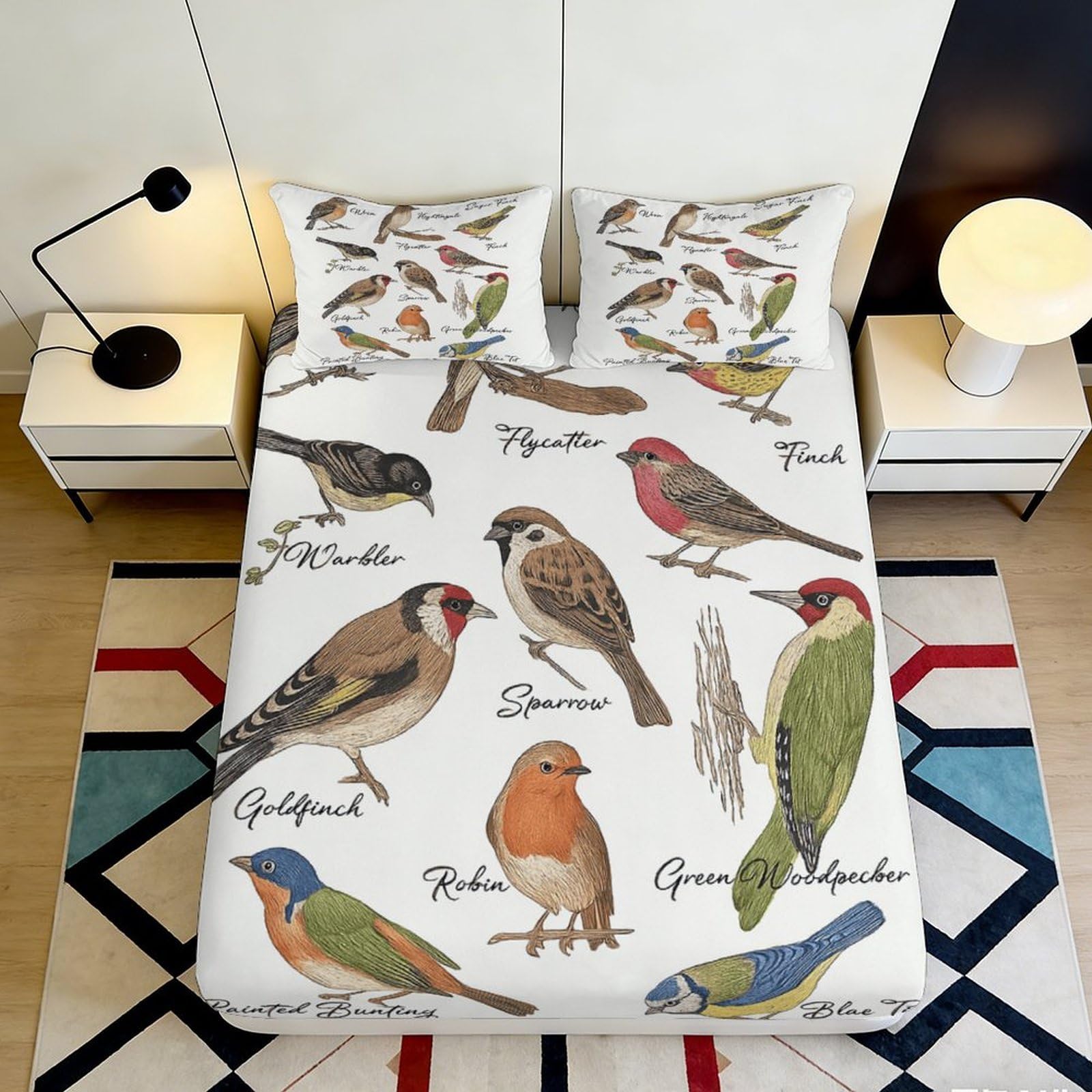 Uxinyoume Style-2 3D Printed European Songbirds Fitted Sheet Microfiber Soft Breathable Garden Birds Bed Cover For Bedroom Guest Room Decor 90X200x25cm