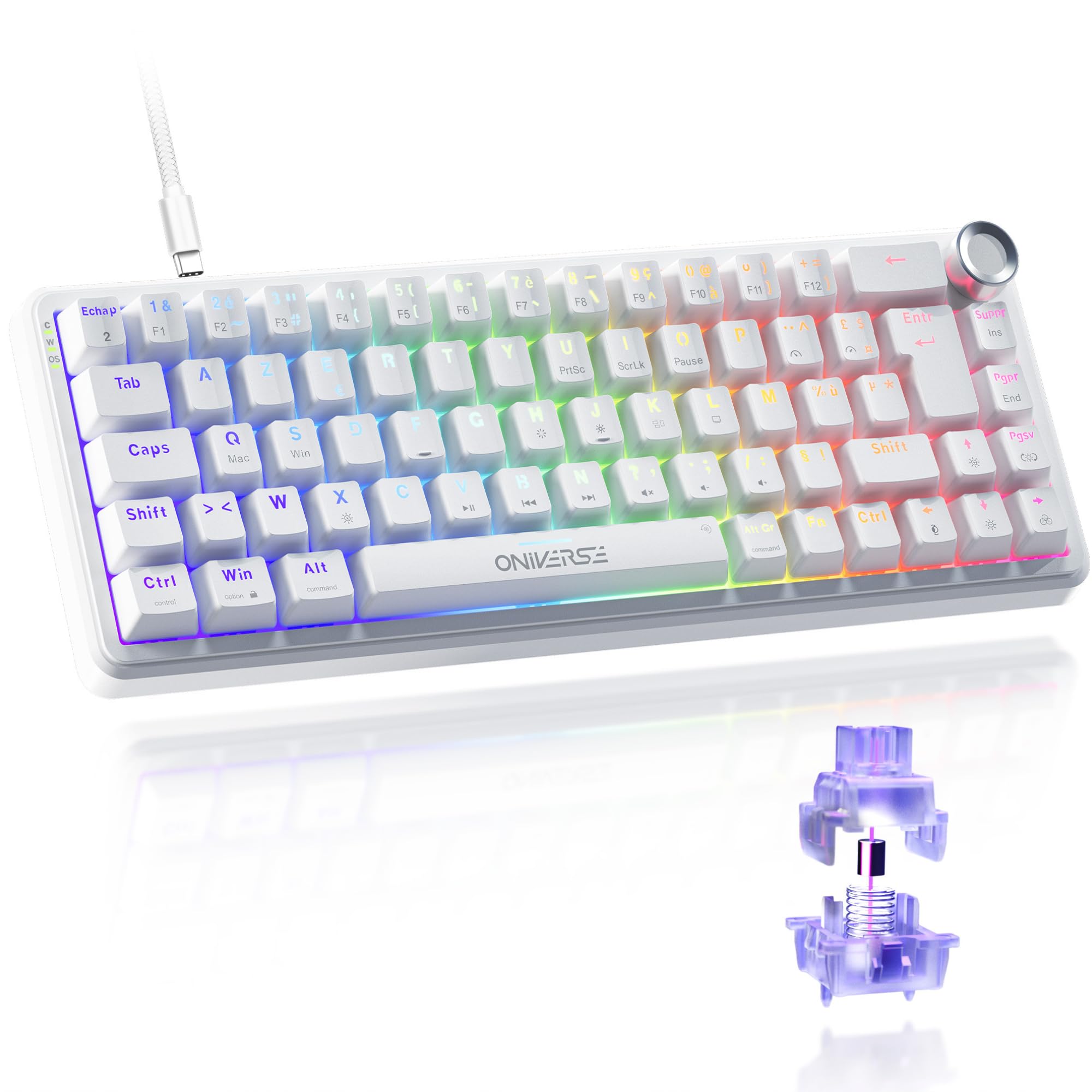 Oniverse Clavier Gamer magnétique Filaire 8000 Hz, Compact 65% Azerty - Maegnus - Rapid Trigger, Hall Effect, Anti-Ghosting, LED RVB, pour PC/Mac/PS5 - Luxion White - 2