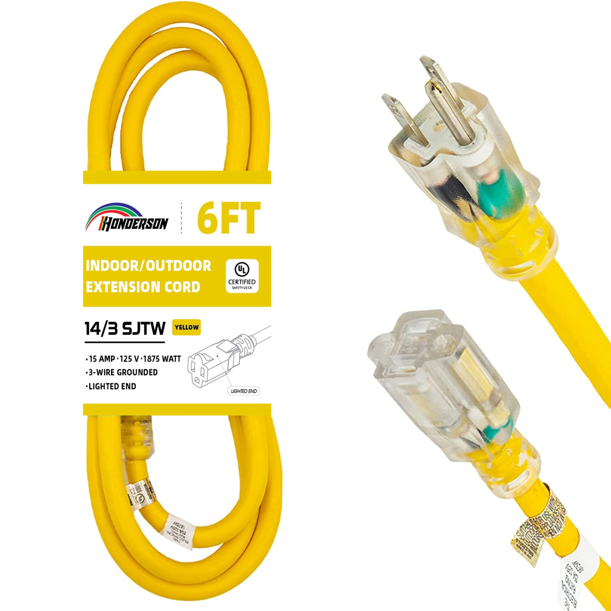 Rallonge pour l'intérieur et l'extérieur, câble d'extension résistant aux intempéries avec extrémité éclairée, certifié UL, 1,6 m, jaune, 3 broches, câble d'alimentation 14/3