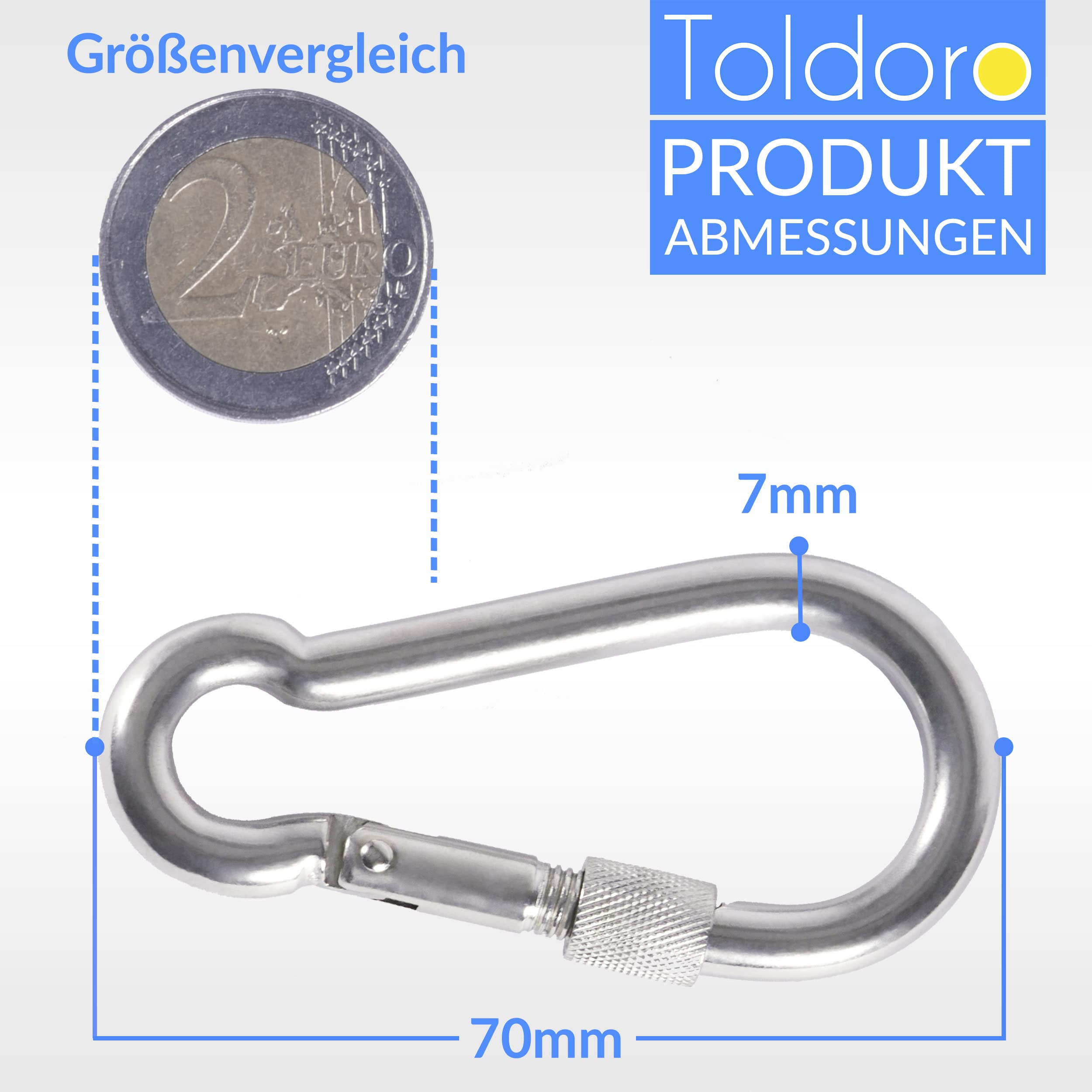 Toldoro 10 x karabińczyk ze stali nierdzewnej z zamknięciem zabezpieczającym, karabińczyk 70 mm, karabińczyk do zamocowania, karabińczyk ze stali nierdzewnej z zamknięciem