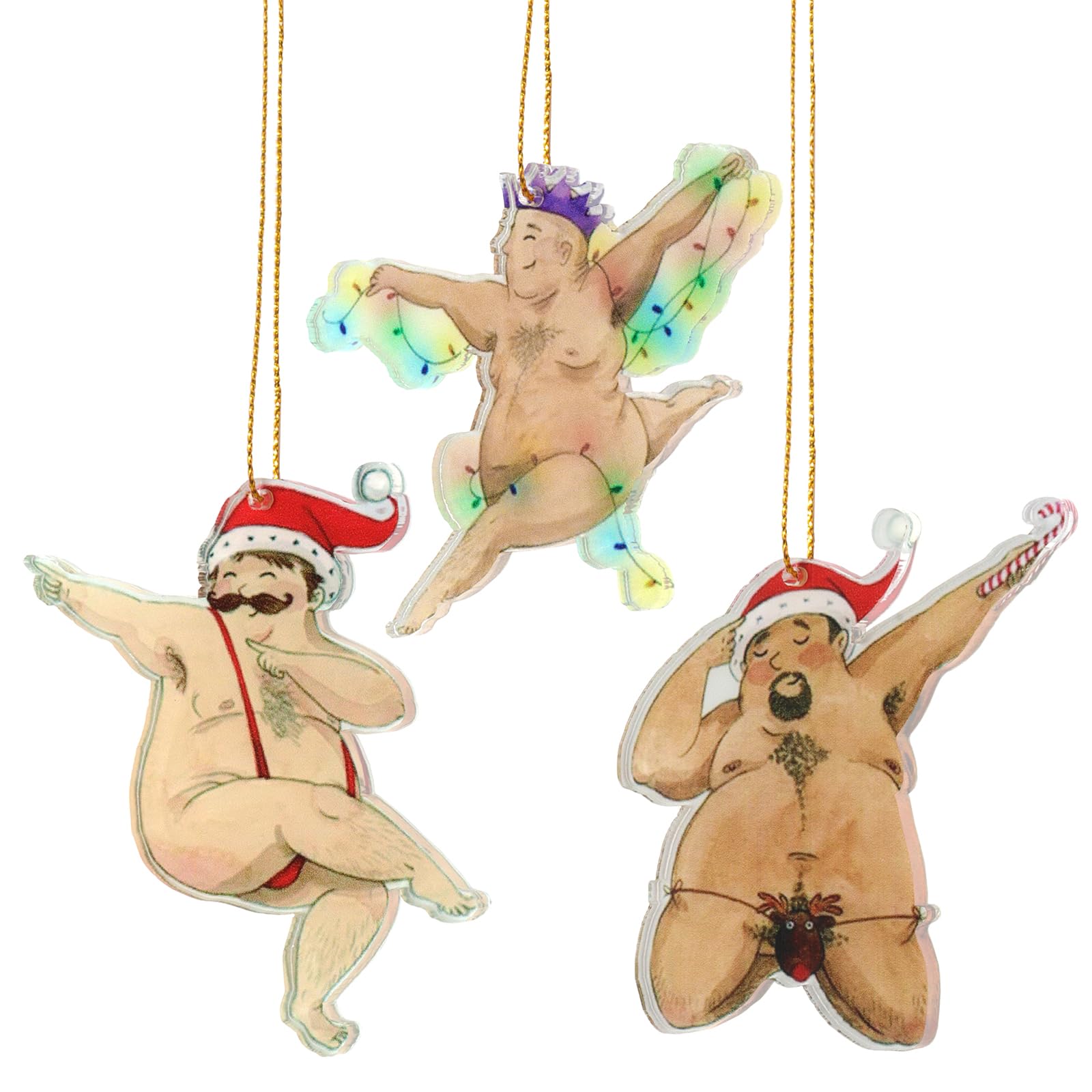 FunisFun Divertidos adornos de Navidad, juego de 3 adornos acrílicos para árbol de Navidad, decoración colgante de Papá Noel sucio, elefante blanco, intercambio de regalos