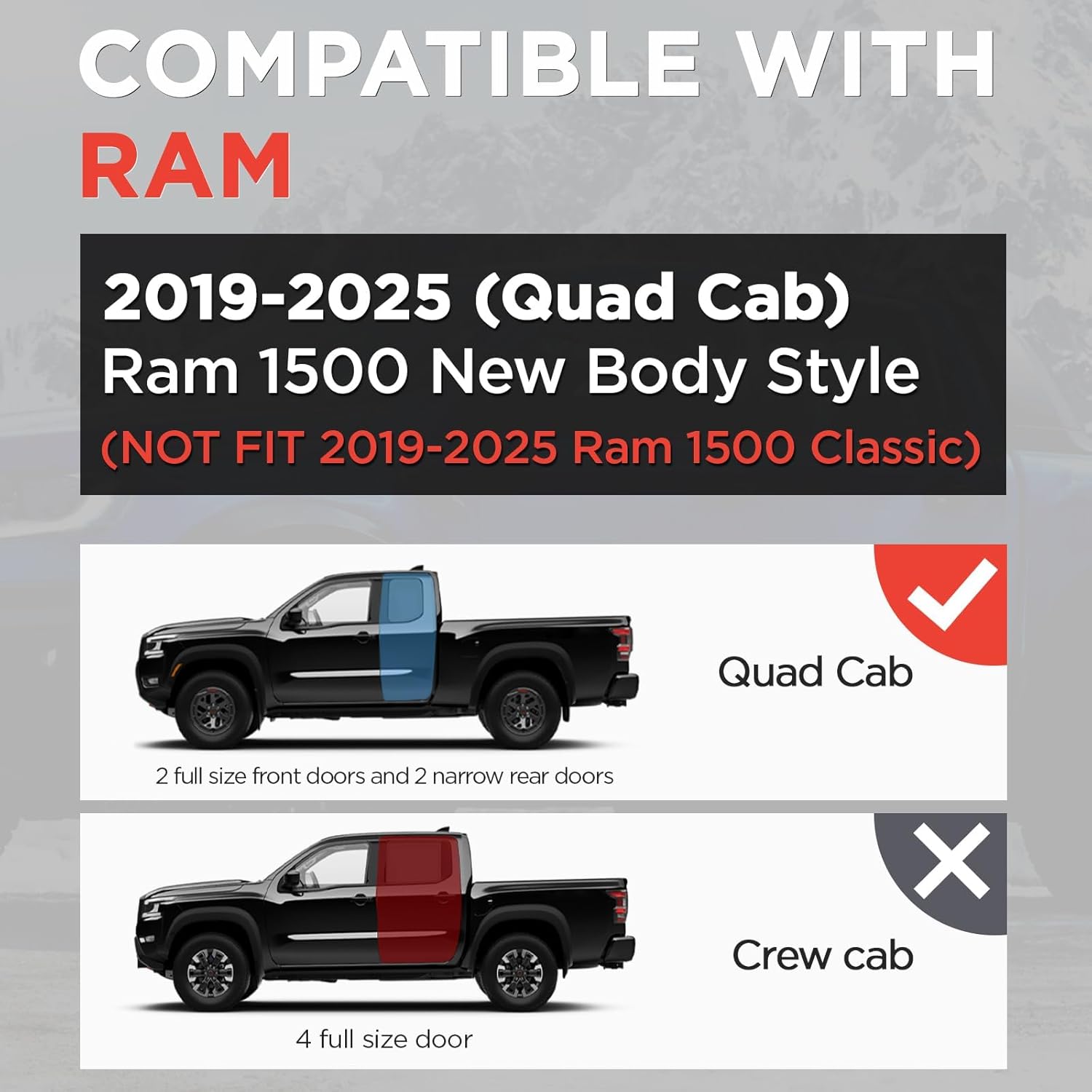 Running Boards Compatible with 2019-2025 Dodge Ram 1500 Quad Cab/Extended Cab New Body Style, Black Aluminum Alloy Side Steps, Ridge Pattern Rail Nerf Bars (Only for New Body Style)