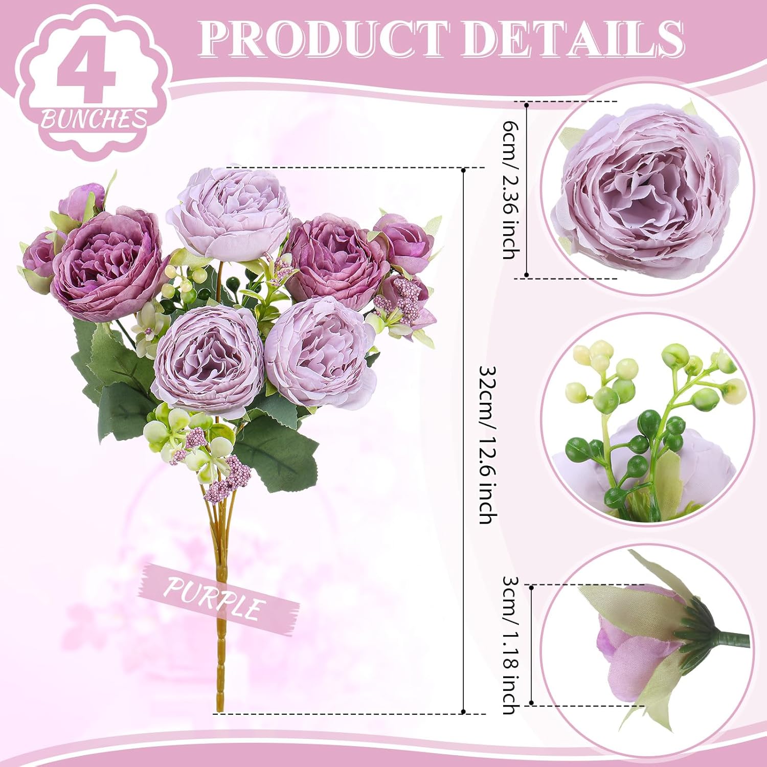 Crowye 4 Bundles Peonies Artificial Flowers Faux Peonies Wedding Artificial Flower Bouquet for Table Centerpiece for Home Wedding Decor Bridal Floral Arrangement(Purple) - Image 2