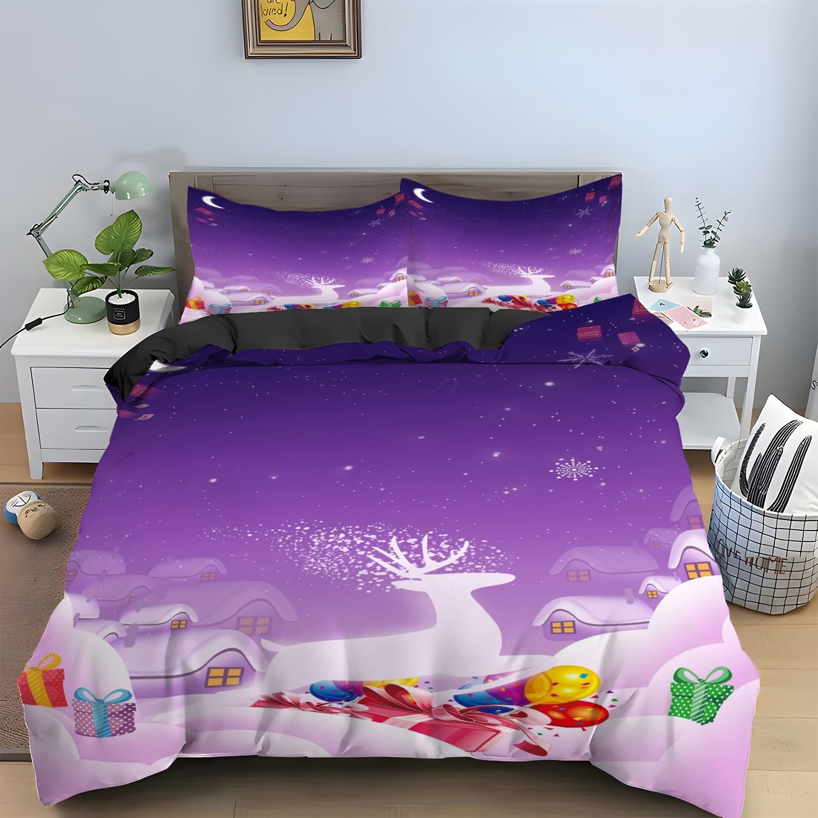 Housse de couette 220x240 wapiti parure de lit Noël 3 pièces microfibre