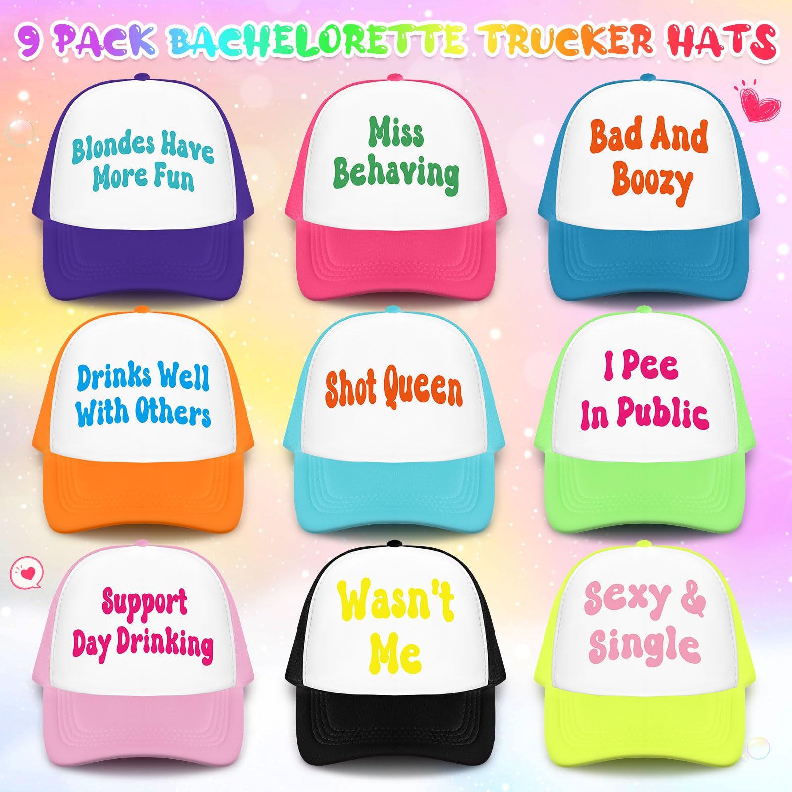 JaGely Lustige Junggesellinnenabschied-Hüte, Neon-Brauthut, Trucker-Mütze, bunt, Team-Kappe für Junggesellinnenabschied, Dekoration, Zubehör, 9 Stück