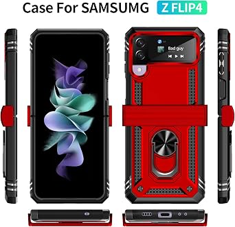 ONOLA Compatible with Samsung Galaxy Z Flip 4/3 Case with Hinge Protection and 360Rotate Ring Magnetic Kickstand Heavy Duty Protective Case for Galaxy Z Flip 3/4 (Red)