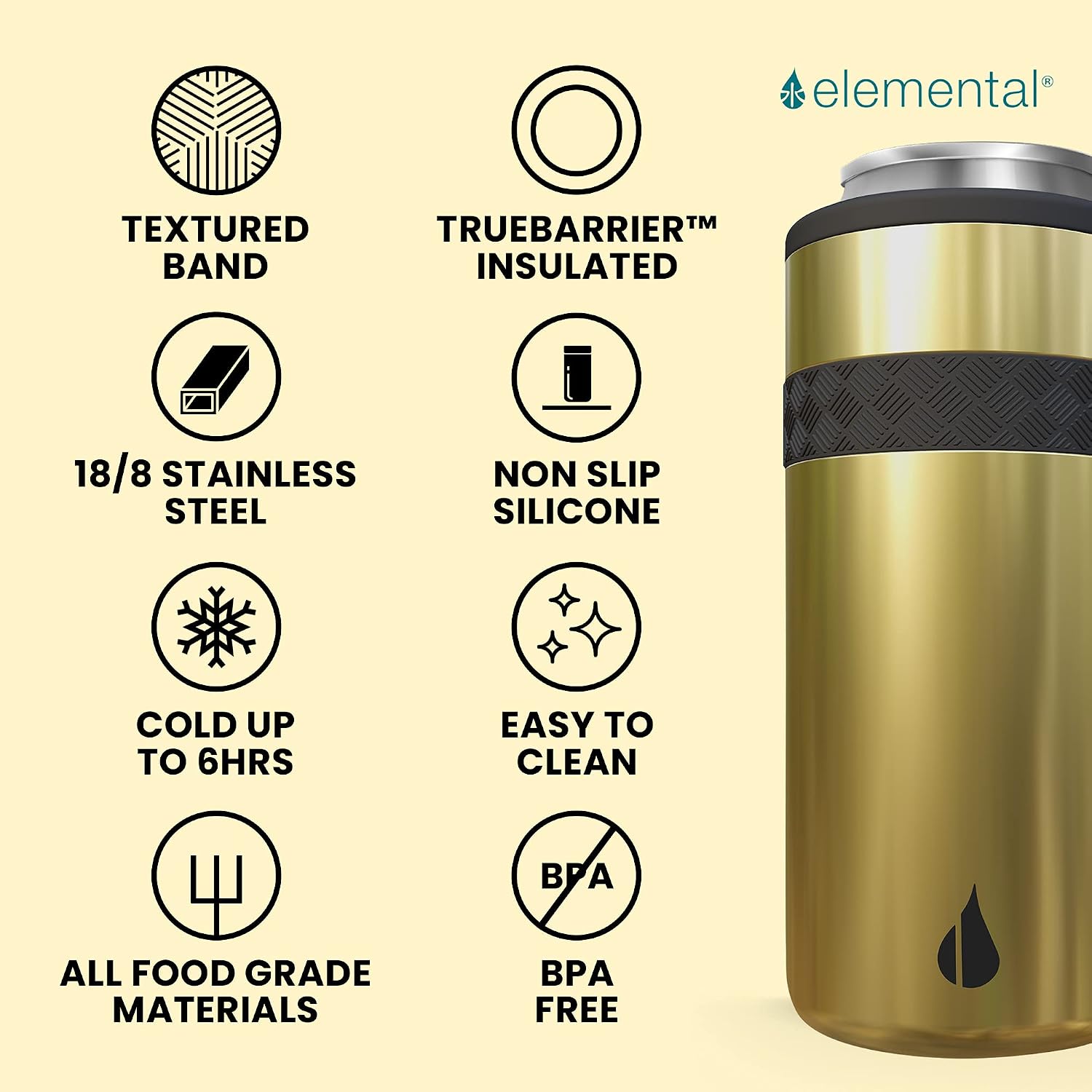 Elemental Insulated Slim Can Cooler, Triple Wall Stainless Steel Skinny Can Cooler - Drink Cooler Insulator for 12oz Skinny Seltzers, Beer, Soda Cans - Gold
