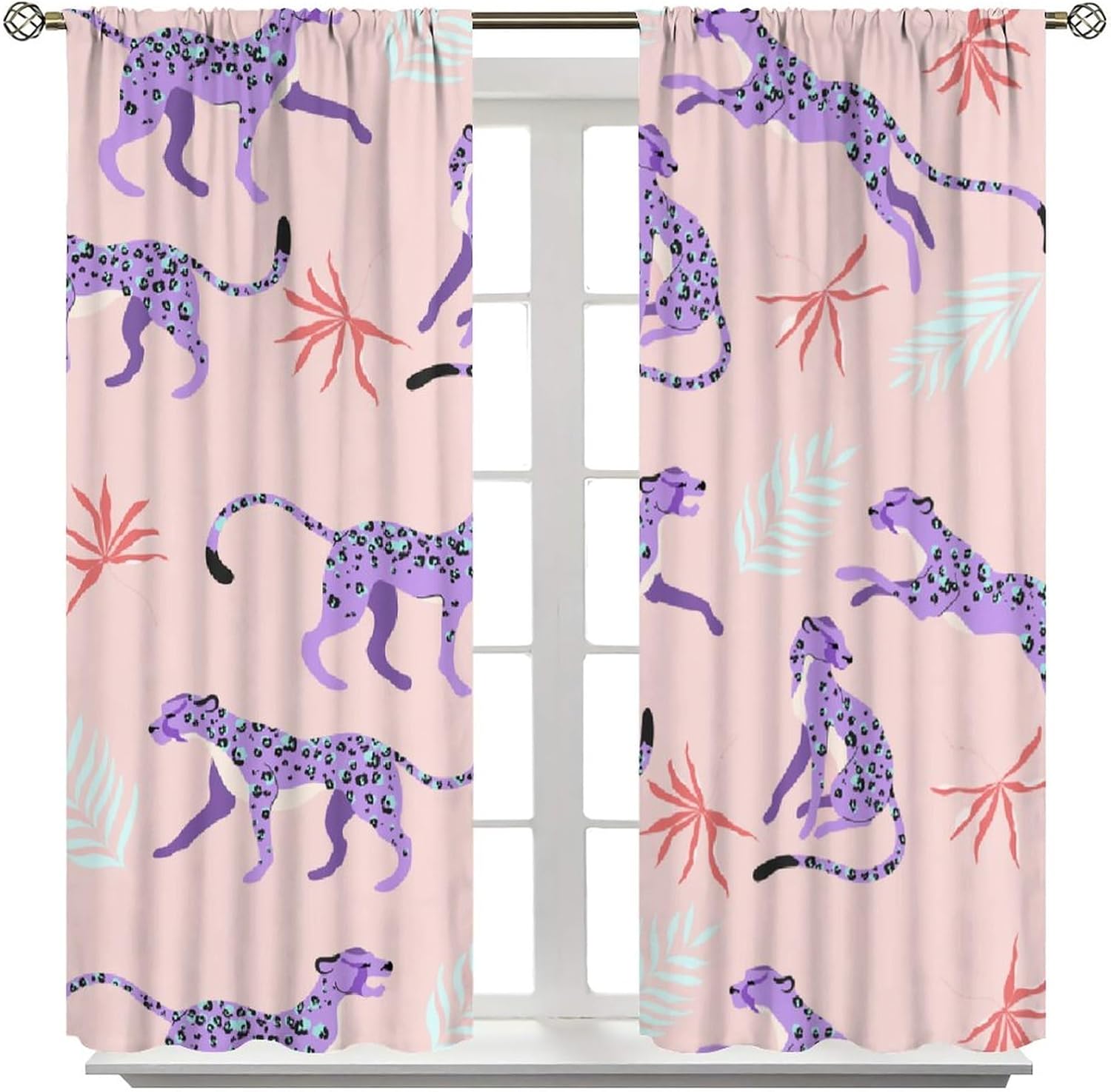 Purple Leopard Curtains, Mid Century Morden Wildlife Cheetah Tropical Jungle Vintage Safari Hunting Boho Minimalist Print Window Treatments for Kids Boys Girls Bedroom Living Room 52x84in