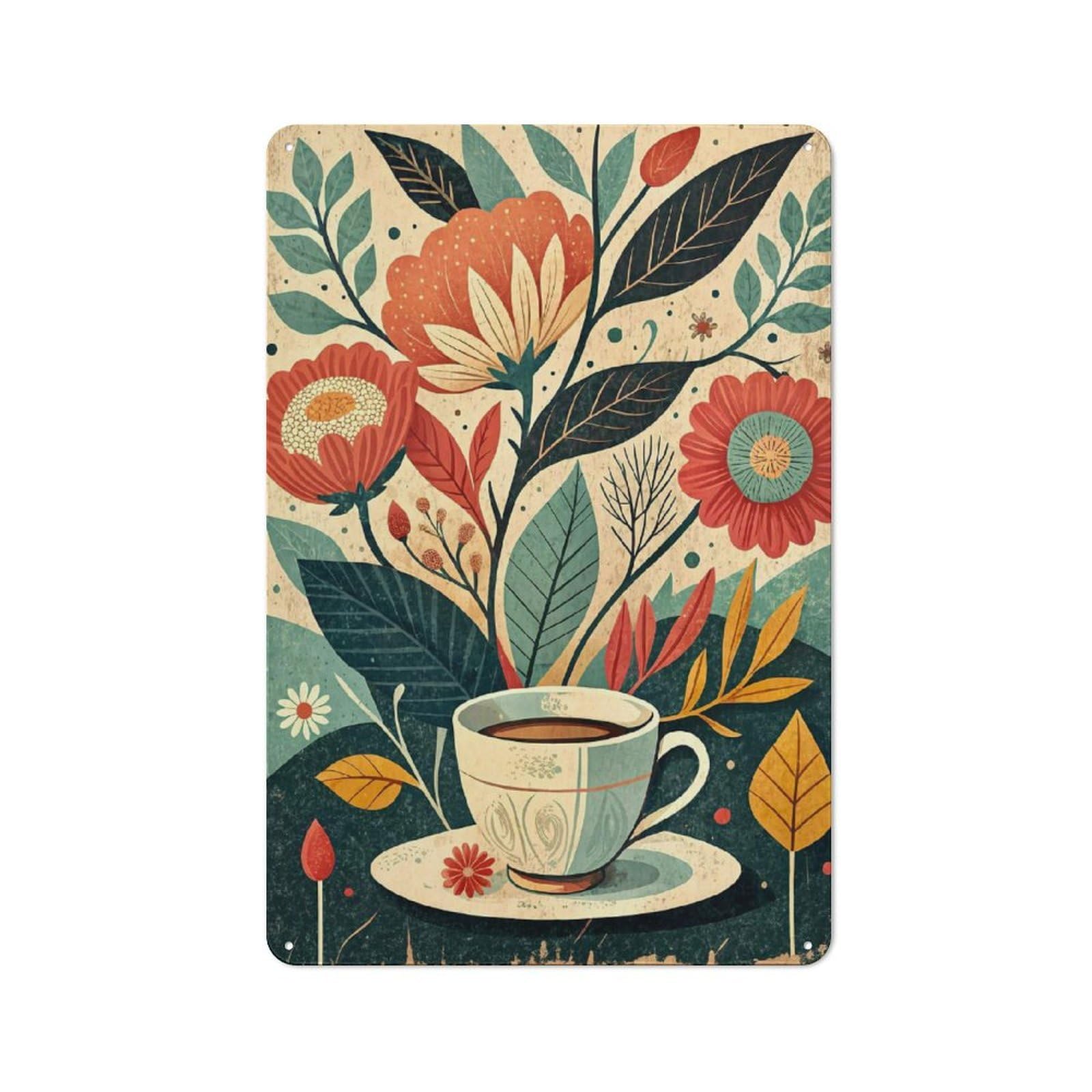 Junmoney Floral Teacup Illustration Rustic Metal Wall Sign 30X20cm Featuring For Pub Or Café, For Vintage Wall Decor Fans, For Metal Sign Collectors