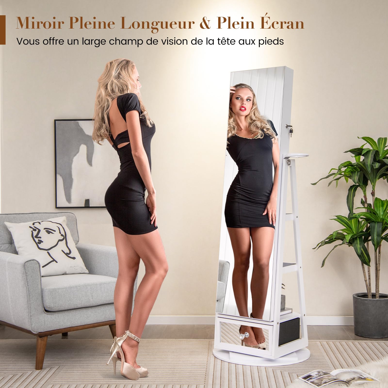 COSTWAY Armoire à Bijoux avec Miroir sur Pieds, Pivotant 360°, Lumières LED, Miroir Psyché sans Cadre, Verrouillable, Support pour Sèche-Cheveux, Étagères à l’Arrière, Grand Tiroir, Blanc