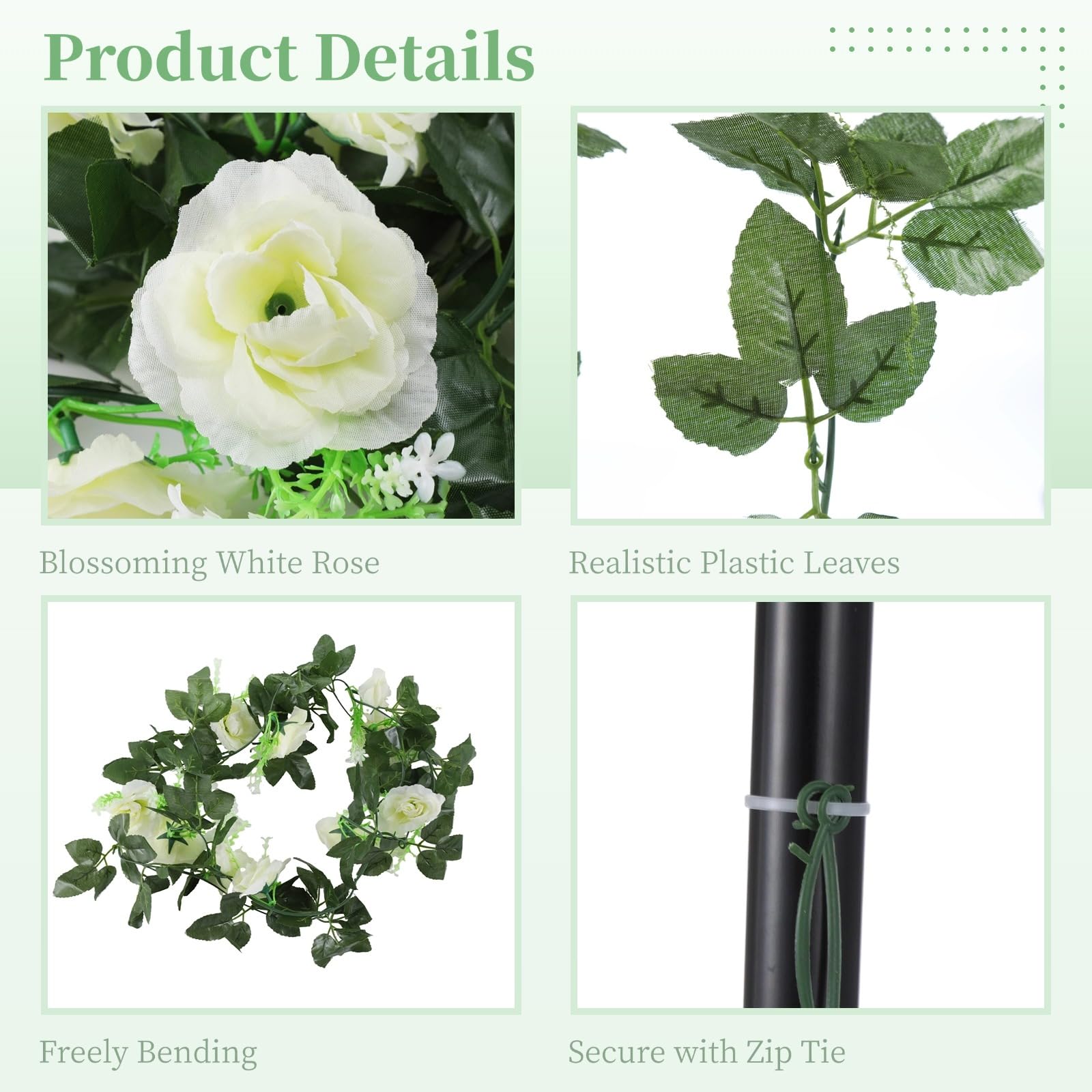 4 STK. Girlanden aus künstlichem Grün mit Blüten, 10 weiße Rosen, 7,2 ft Blumenranken aus Kunststoff, für Hochzeitsbogen, Tischmittelpunkt, Zeremonie Hintergrund, Party Deko