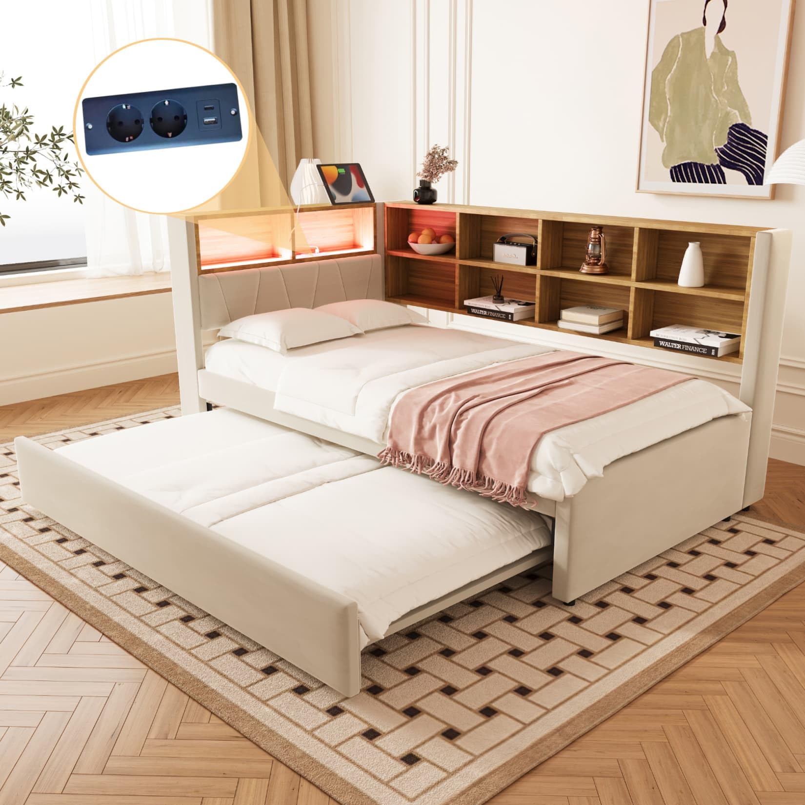 PUGSDRLY Lit 1 Place 90x200cm avec lit gigogne 90x190 et Compartiments de Rangement,Canapé Lit avec Lampes LED,Prise électrique et Port USB,pour Enfant Adolescent Adulte,sans Matelas (beige-90B)